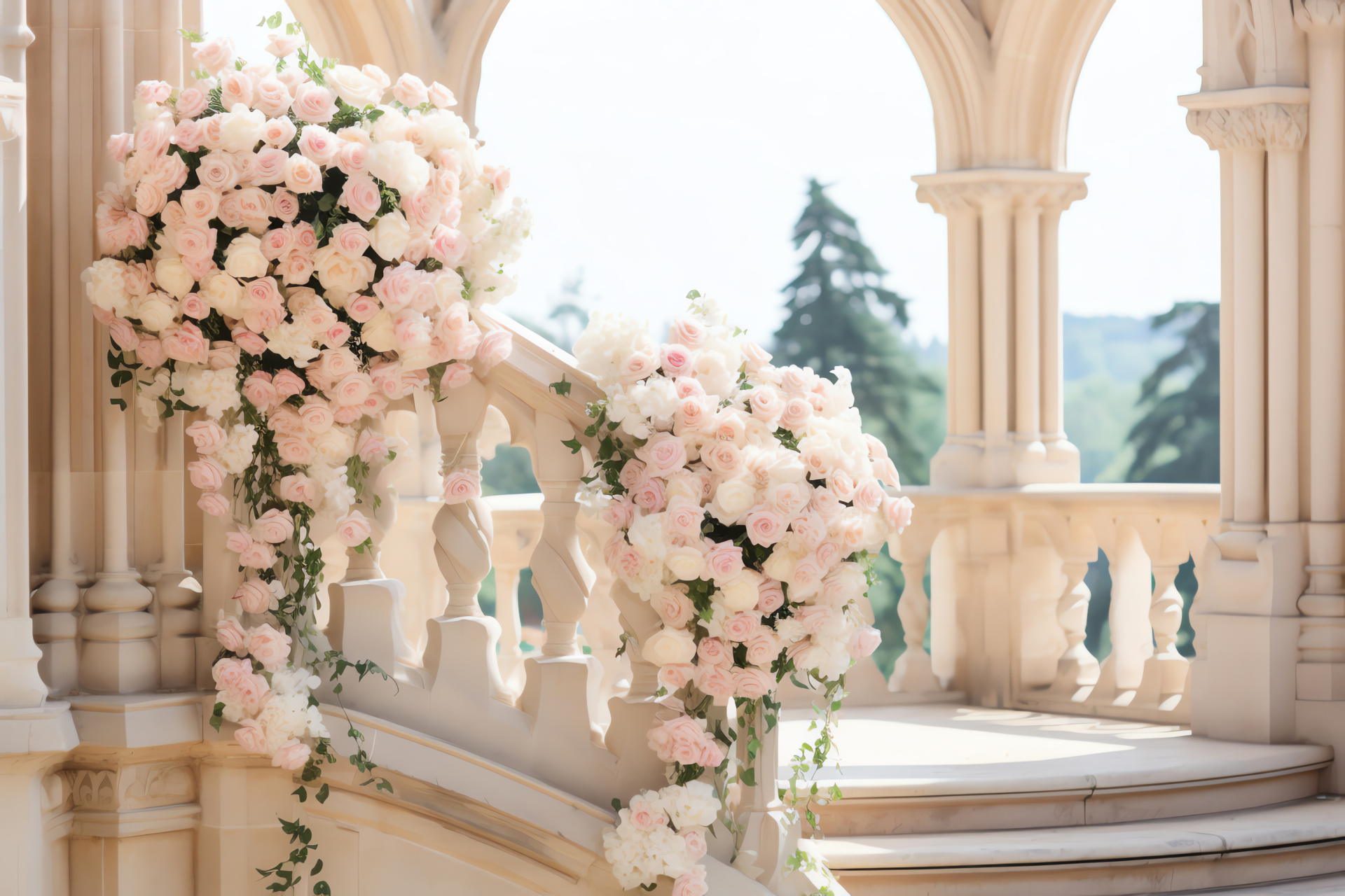 Majestic castle matrimony, floral adorned celebration, cascading roses, royal wedding setting, dreamlike nuptials, HD Desktop Wallpaper