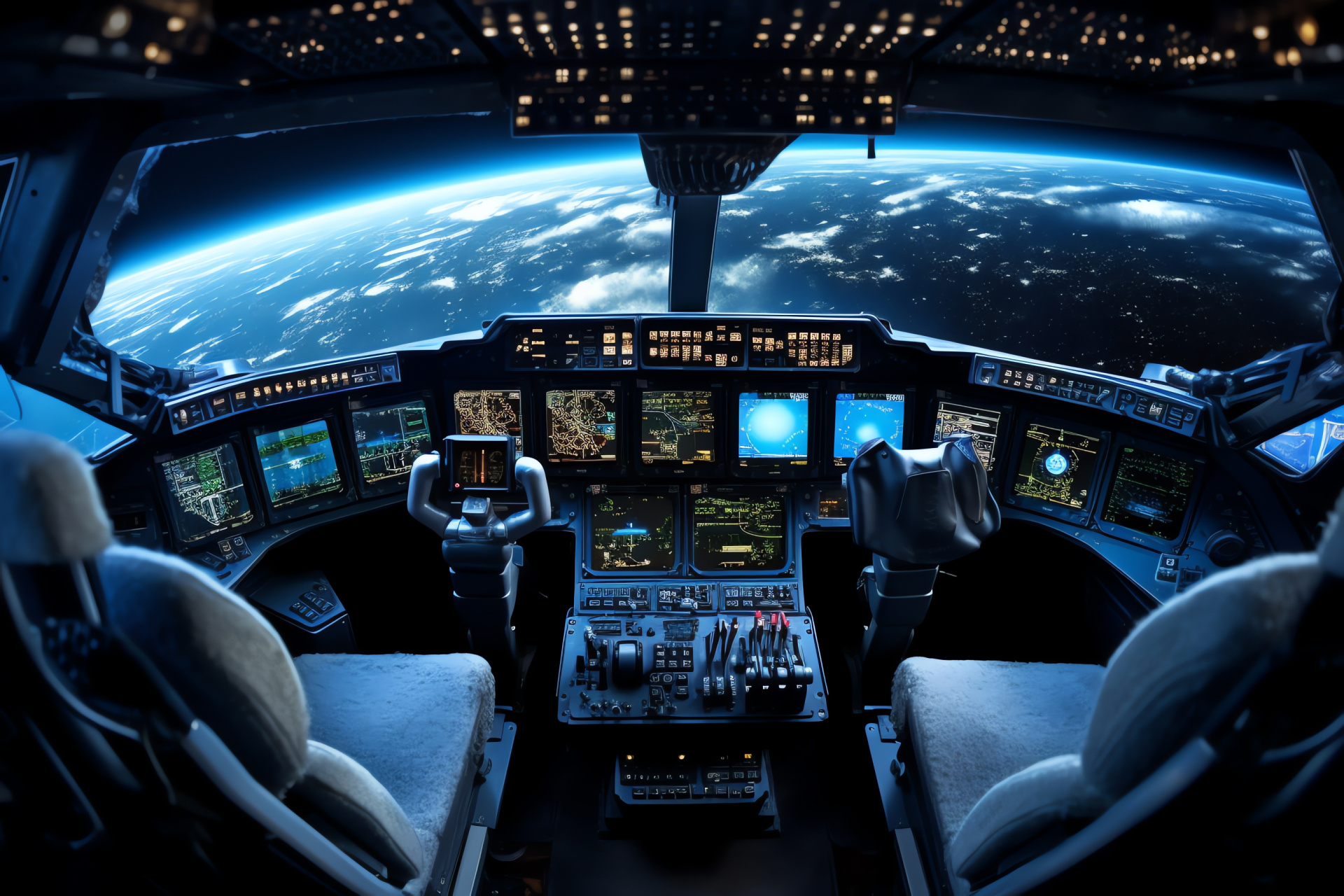 Spacecraft command hub overhead, Control apparatus mosaic, Navigator tactical layout, Dashboard technology array, Touch interface complexity, HD Desktop Image