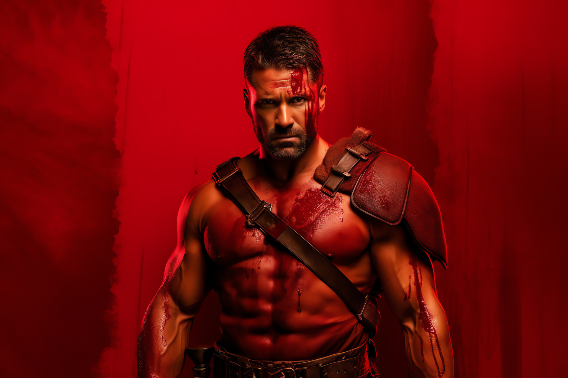 Manu Bennett, Crixus, Spartacus warrior, Red backdrop, Armored gladiator, HD Desktop Wallpaper