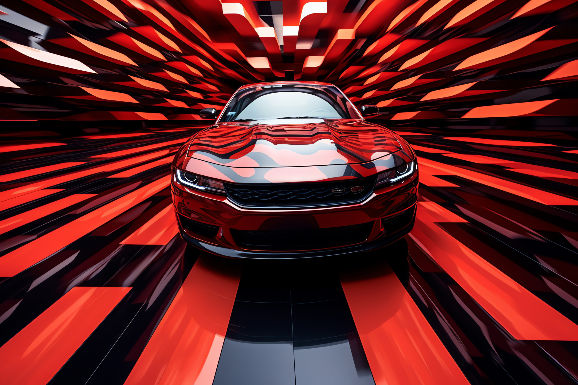 Red Dodge Charger Hellcat, Muscle car angle, Intense muscle power, Artistic modern backdrop, HD Desktop Image