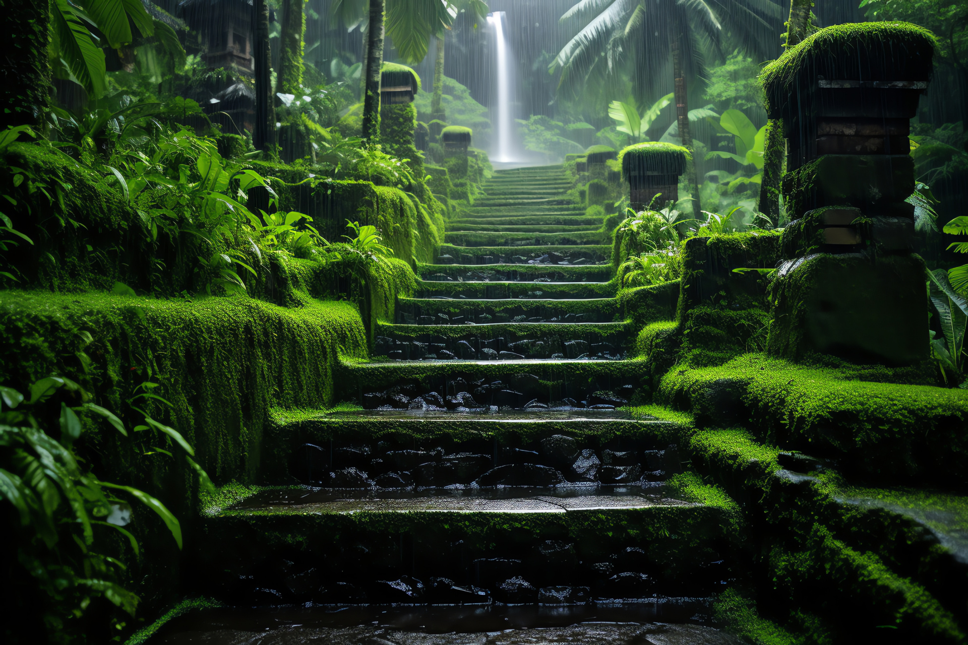 Bali tropical island, Indonesian agriculture, Terraced rice paddies, Rain-soaked foliage, Natural soundscape, HD Desktop Image