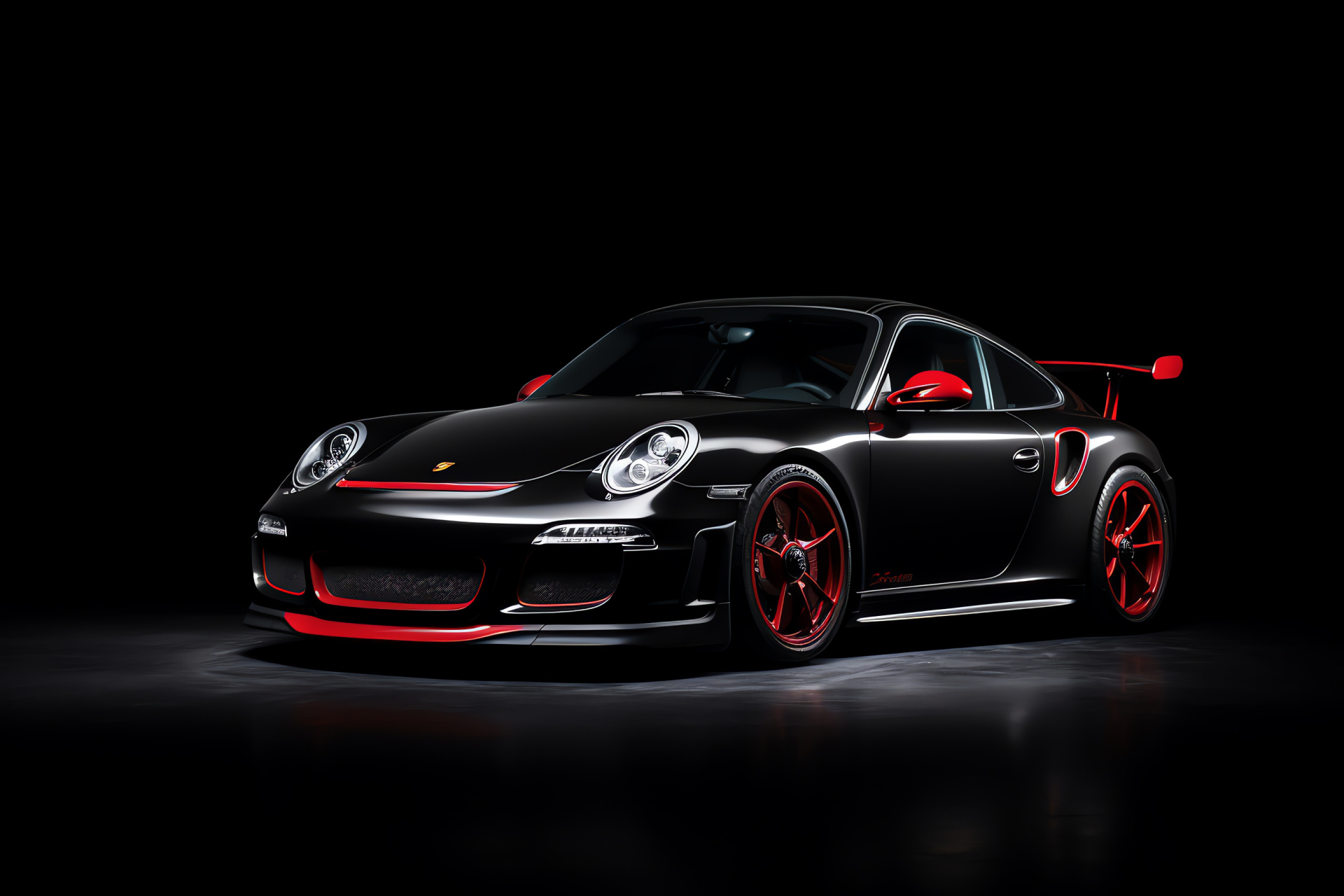 Porsche GT3 RS stature, Red dominance, Pure black surrounding, Automotive showcase, Focus on power, HD Desktop Image