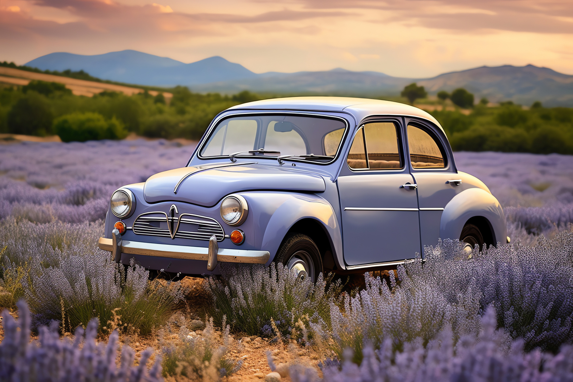 Renault 4L car, French countryside, Provence fields, Iconic vehicle, Timeless automotive design, HD Desktop Image