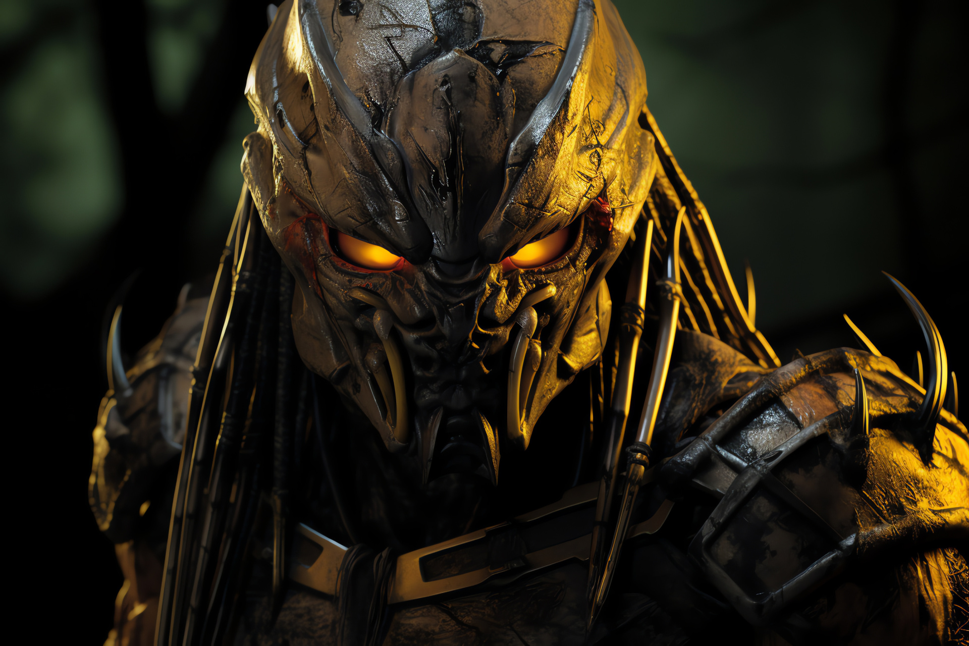 Eerie Predator, meshed facial screen, iconic sci-fi figure, imposing extraterrestrial, fearsome warrior, HD Desktop Wallpaper