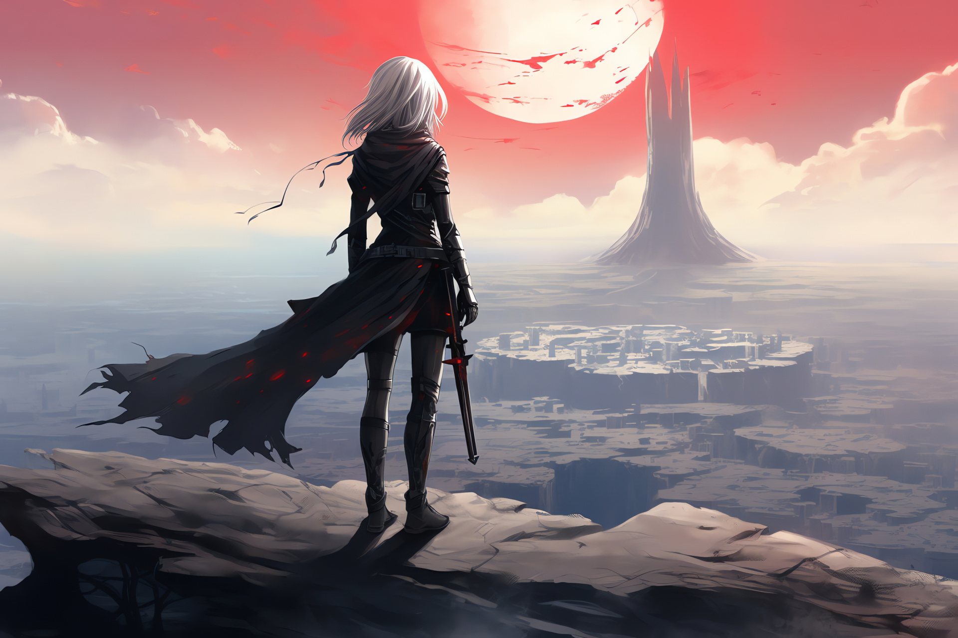 Nier Replicant A2, Mechanical survivor, Apocalyptic precipice, Barren terrain, Robotic existentialism, HD Desktop Image