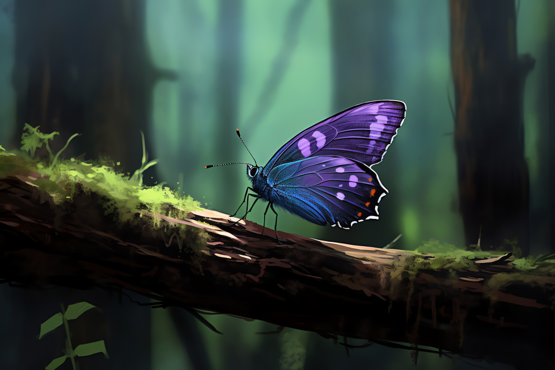 Purple Hairstreak species, saturated violet wings, contrasting stripes, full silhouette, peaceful grove, HD Desktop Image