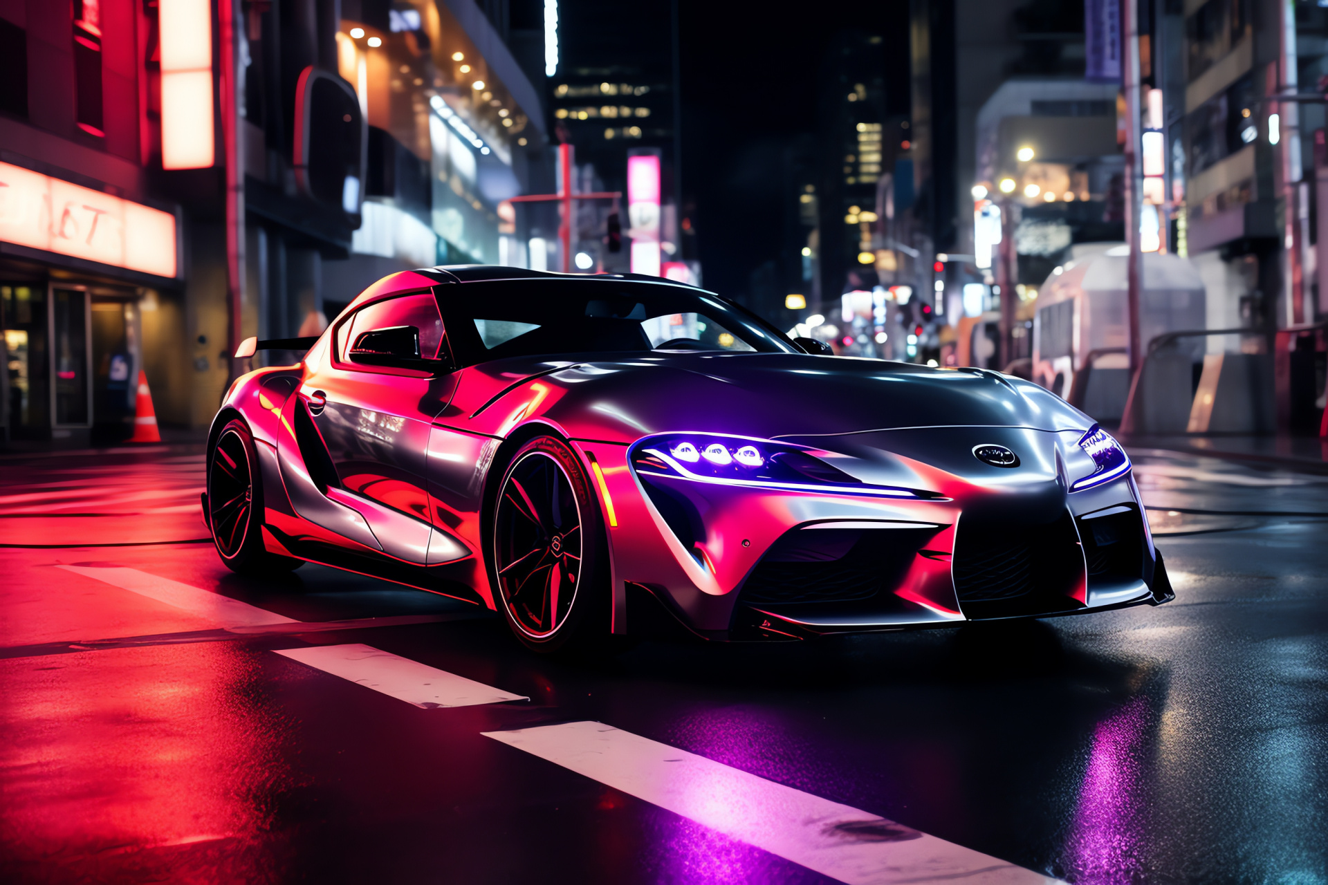 Toyota TRD Tokyo edition, Supra model dynamism, Shibuya district energy, Performance vehicle sleekness, Metropolitan racing ambiance, HD Desktop Wallpaper