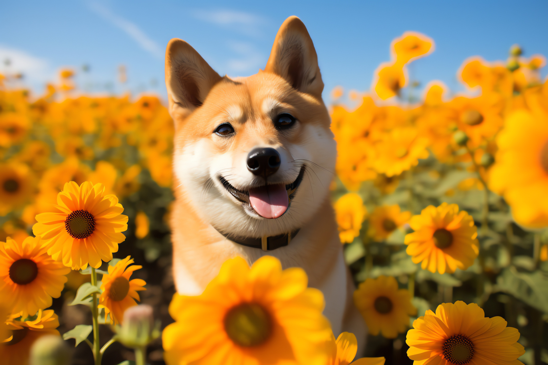 Curious Shiba Inu, Amber-eyed dog, Short orange coat, Field of sunflowers, Playful breed, HD Desktop Image