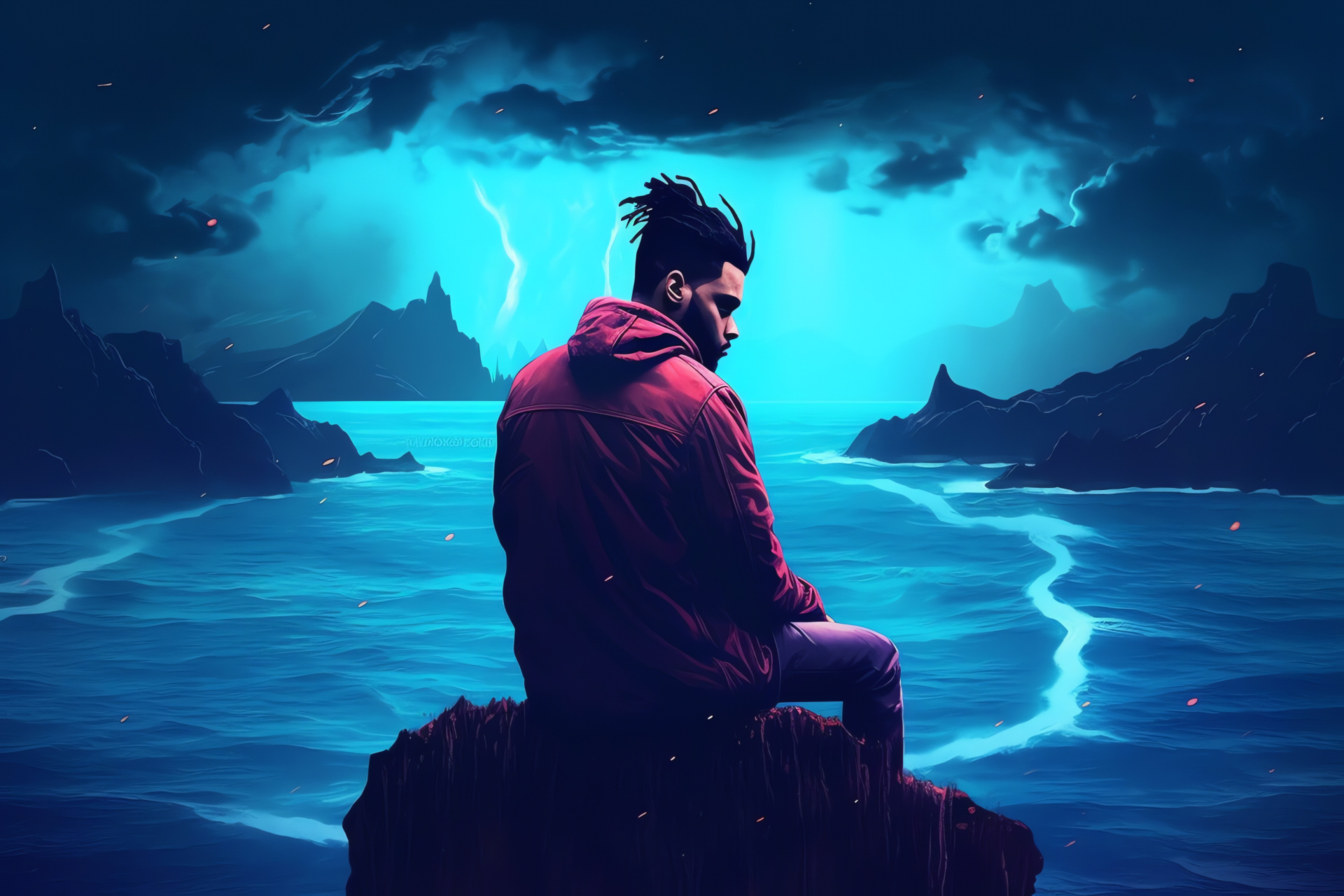 The Weeknd against dreamlike setting, edge of a cliff, panoramic ocean view, limitless sky backdrop, HD Desktop Image
