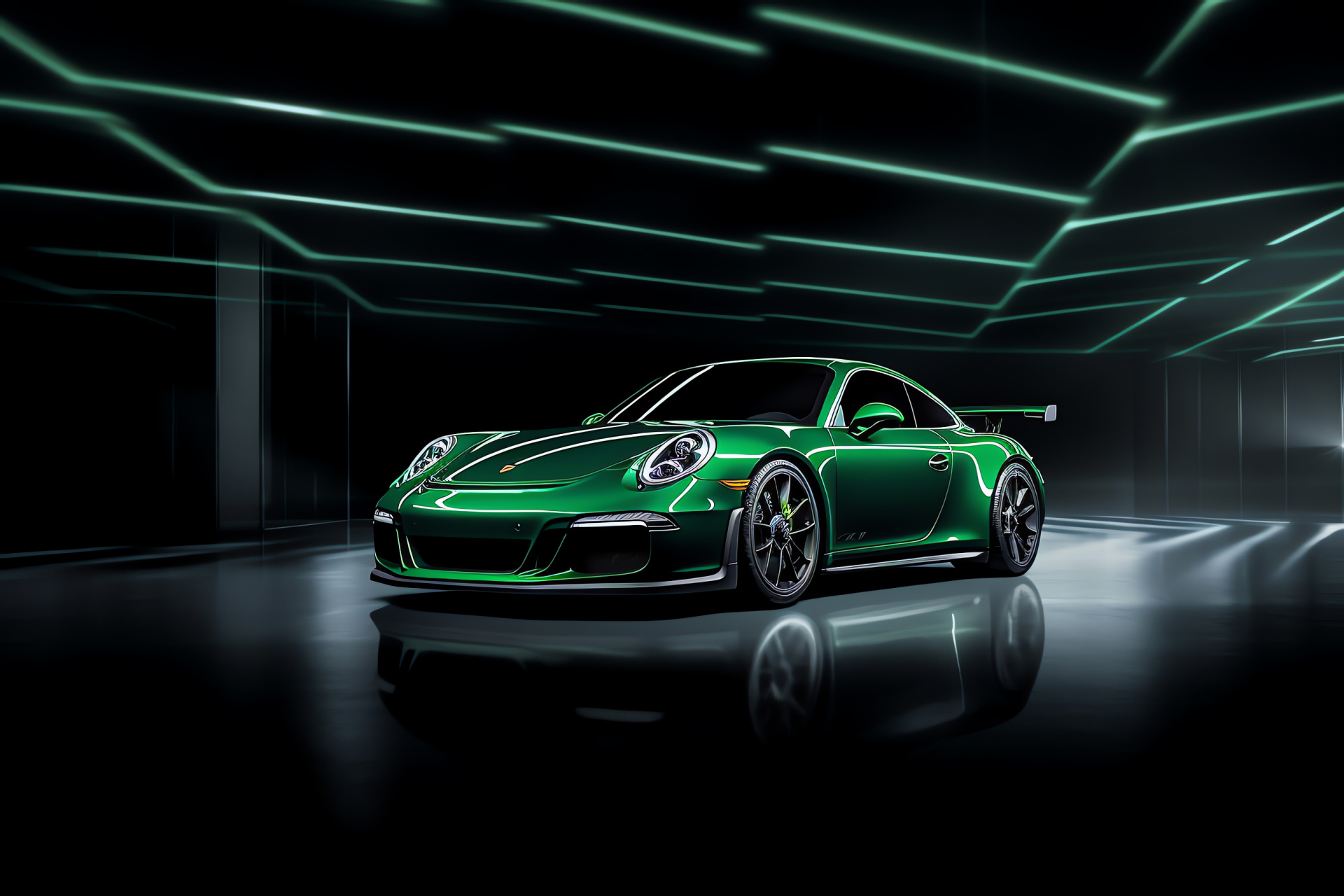 Porsche GT3 GT4 model, Striking green design, Circuit-ready sports car, Glowing aesthetic, Wide-angle showcase, HD Desktop Image