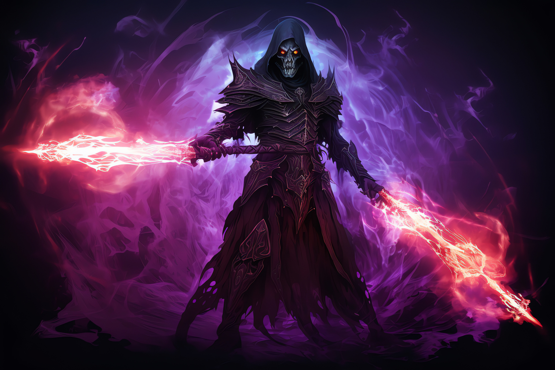 Fantasy character warlock, Azrael portrayal, sapphire gaze, arcane attire, power staff, HD Desktop Image
