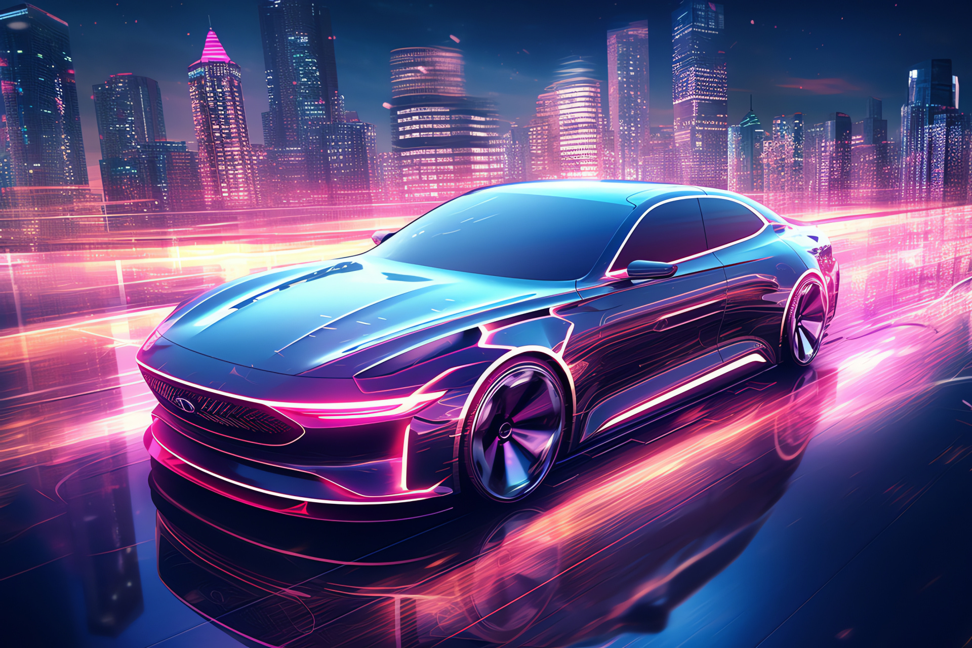 Futuristic cityscape, Holographic urban ads, Aerial luxury car, Sedan elegance, Modern urban vehicle, HD Desktop Wallpaper