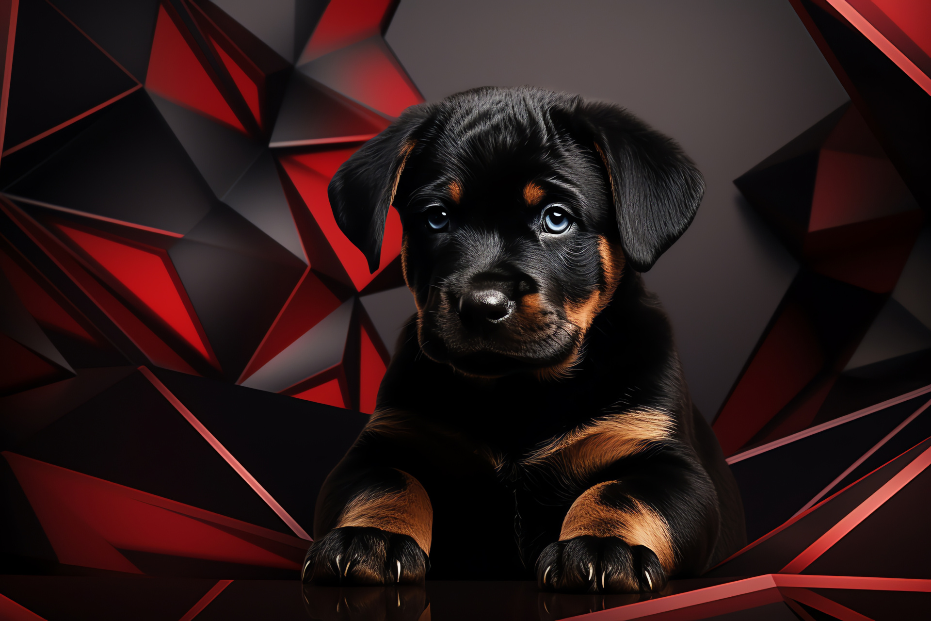 Rottweiler pup, endearing stare, elegant silhouette, patterned backdrop, canine contrast, HD Desktop Image