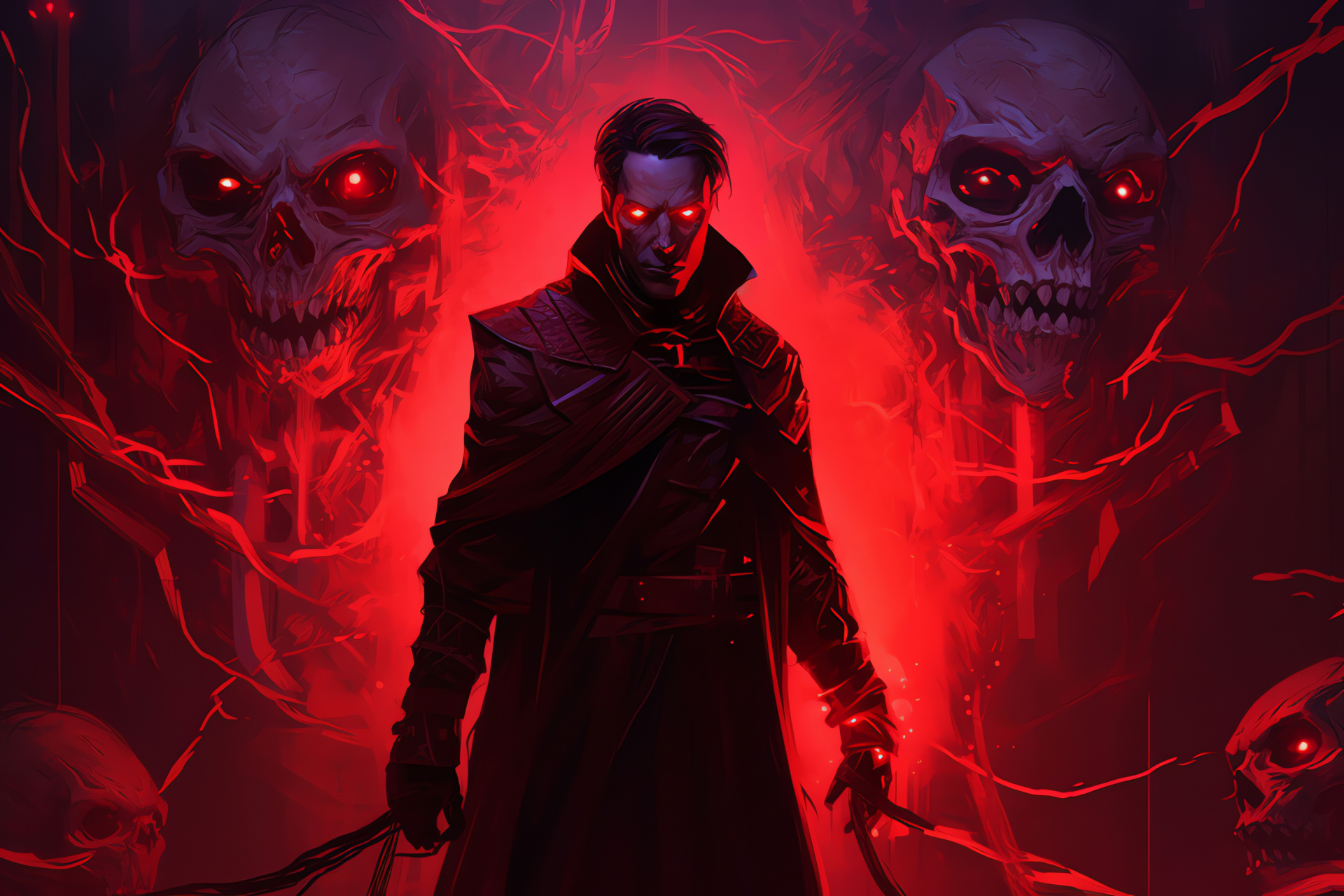 Dark necromancer Damien, Sinister virtual character, Role-play antagonist, Typical RPG element, Threatening digital being, HD Desktop Wallpaper
