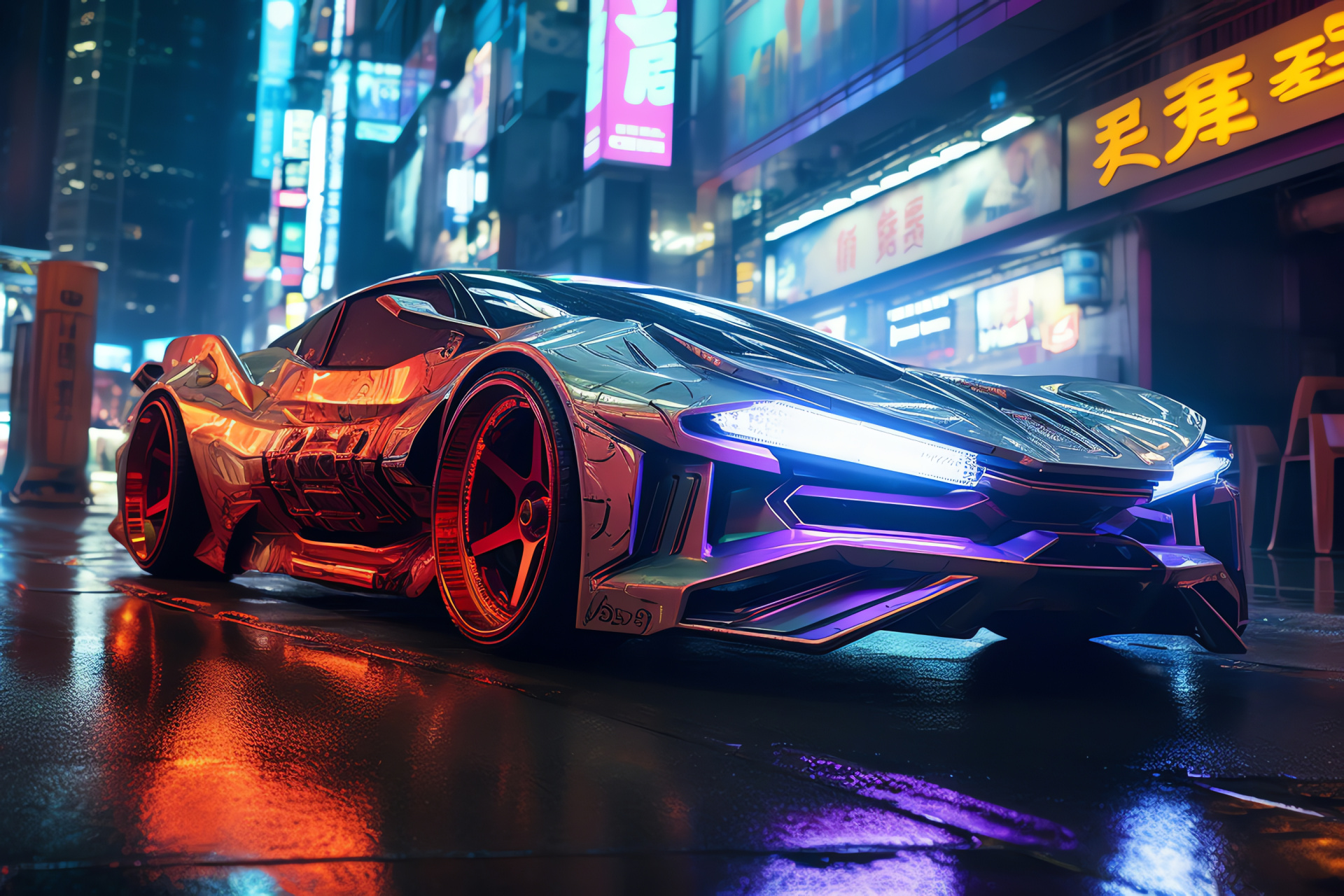 Neon Car, Shanghai landscape, dynamic urban setting, skyscrapers overhang, contemporary auto, HD Desktop Image