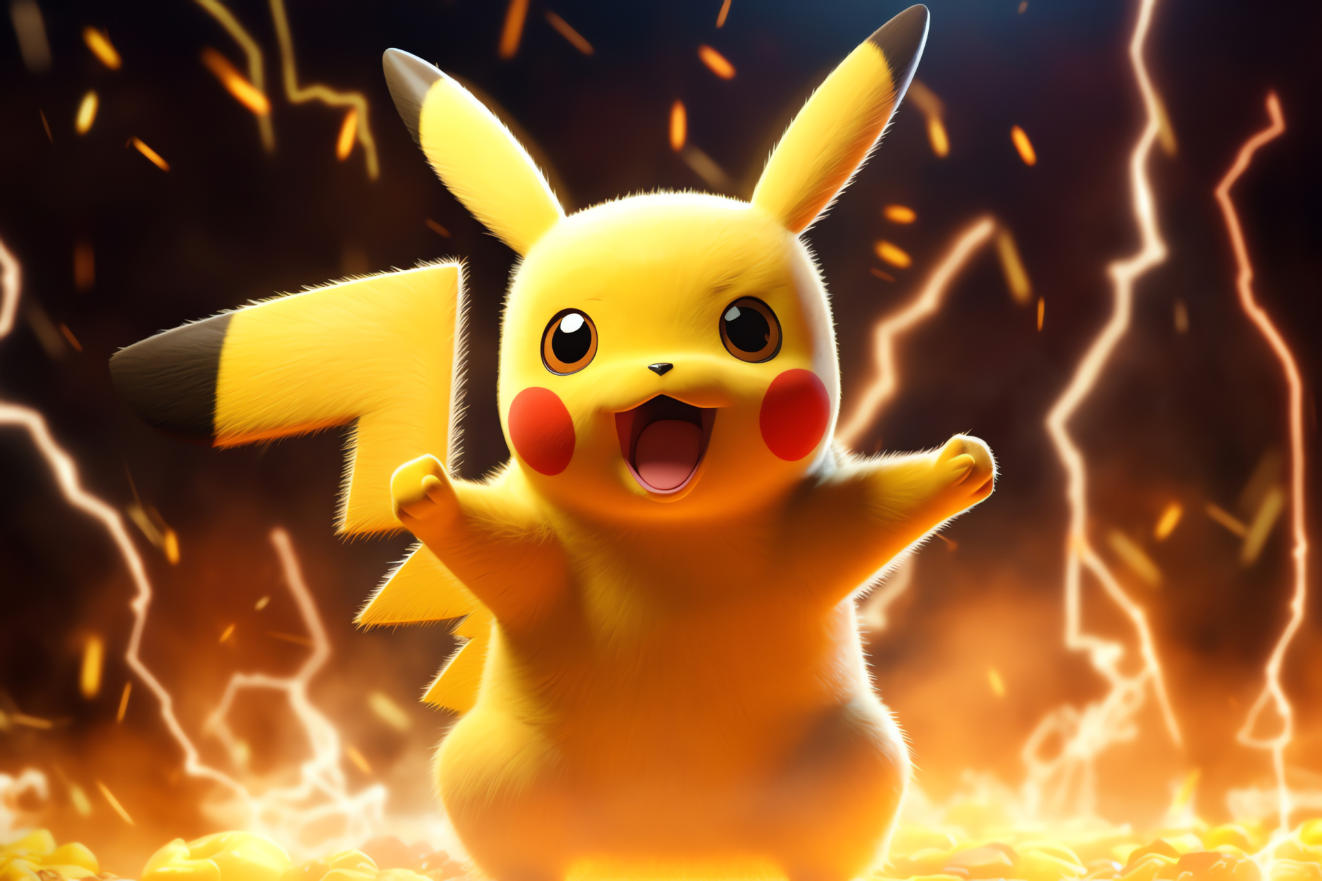 Anime style gaming, Pikachu from Pokemon series, Electric power metaphor, Facial expression of determination, Happy-go-lucky stance, HD Desktop Wallpaper