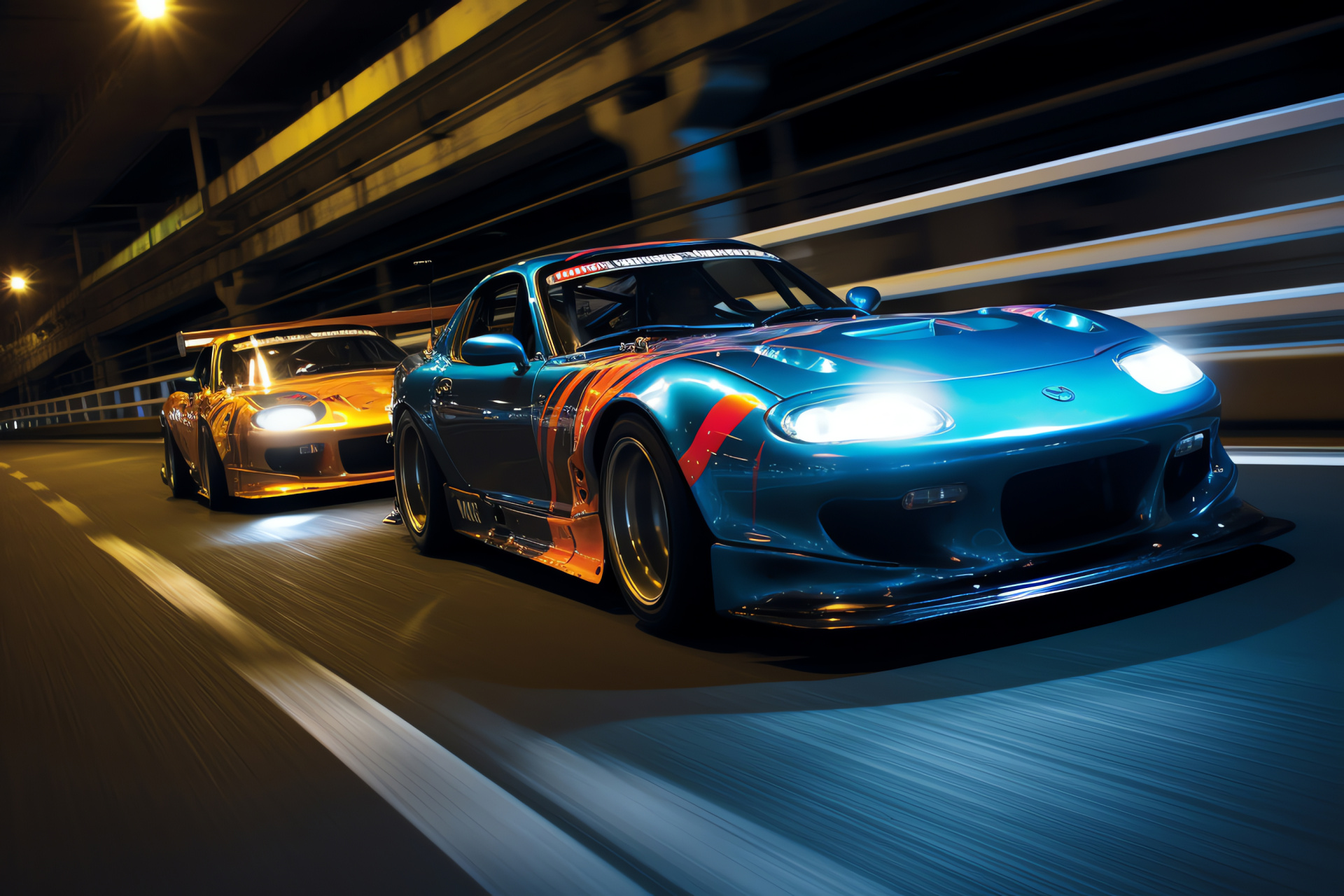 Mazda RX-7, Tokyo bridge scene, Neon ambiance, Automotive paintwork, Street racing beauty, HD Desktop Wallpaper