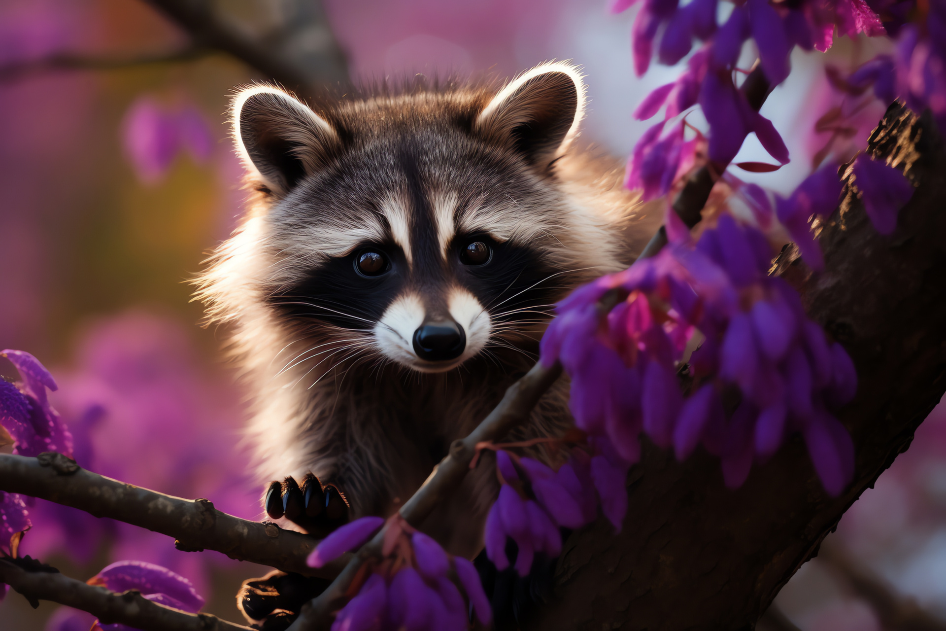 Raccoon, agile creature, silver-tipped pelt, nocturnal eyes, pitch-black setting, HD Desktop Image