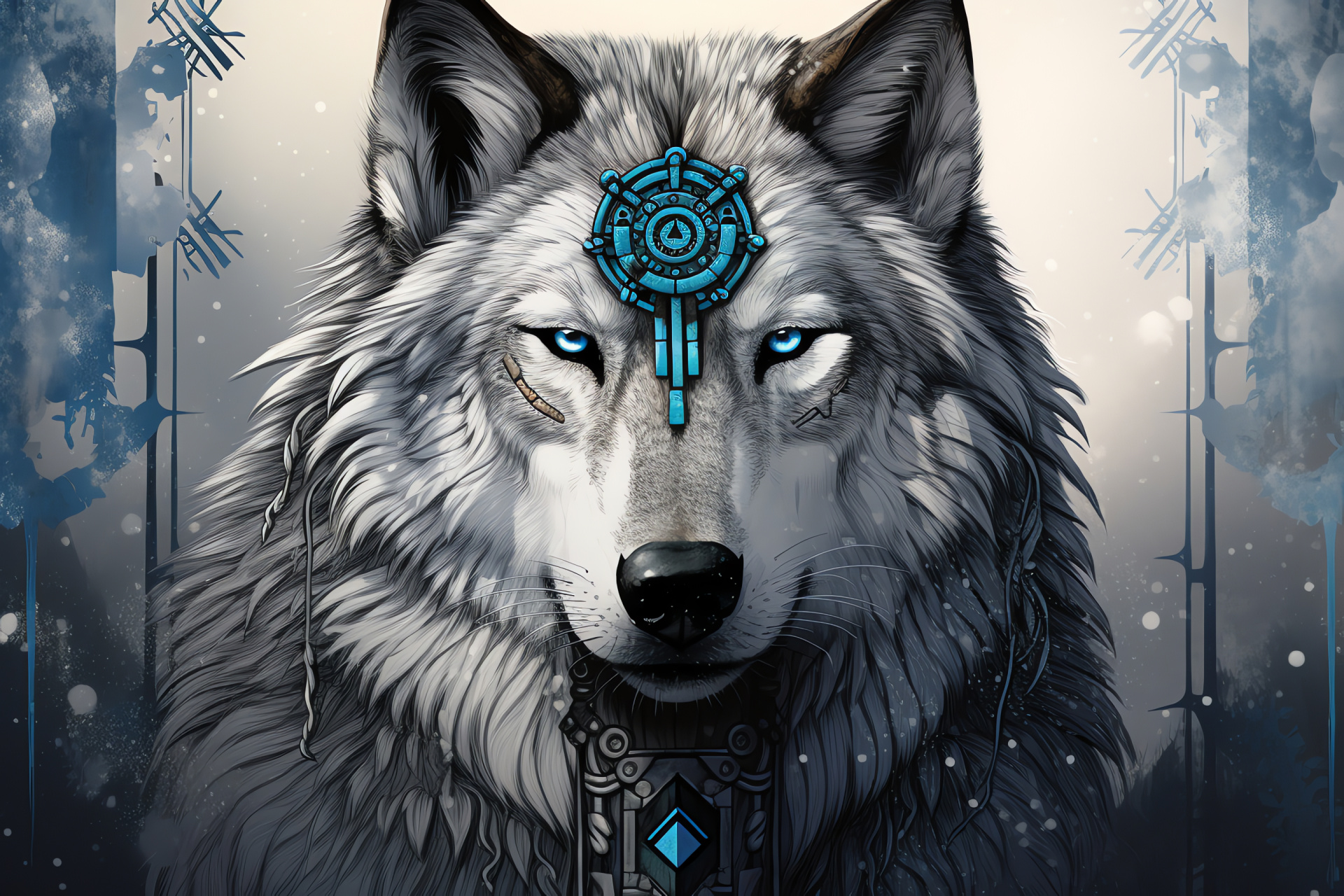 Tribal Wolf in snow, Canid with icy stare, Arctic mammal, Symbolic turquoise accents, HD Desktop Wallpaper