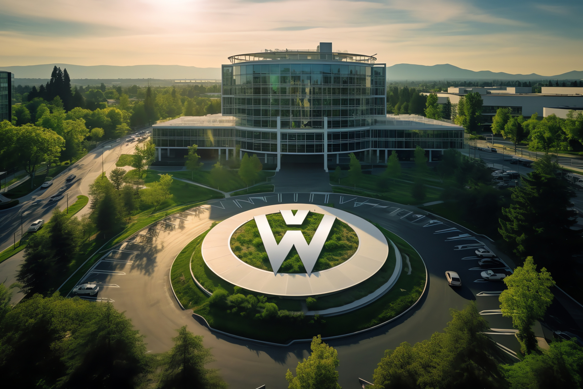 Volkswagen emblem, Silicon Valley landscape, Automotive innovation, Aerial brand display, Corporate identity, HD Desktop Image