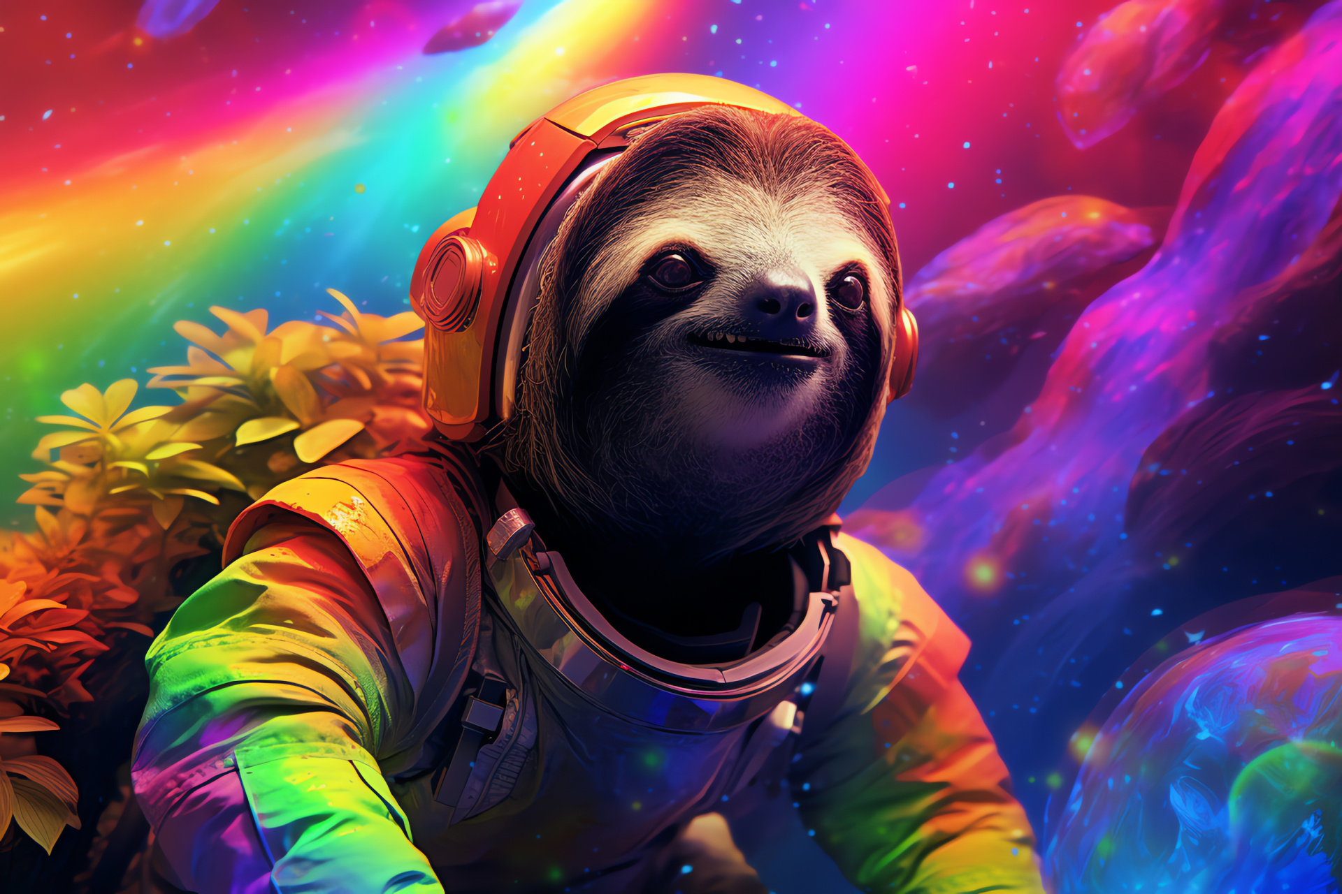 Sloth Astronaut in space, Animal astronaut, Rainbow astronaut gear, Interstellar fauna, Hypothetical exoplanet, HD Desktop Wallpaper