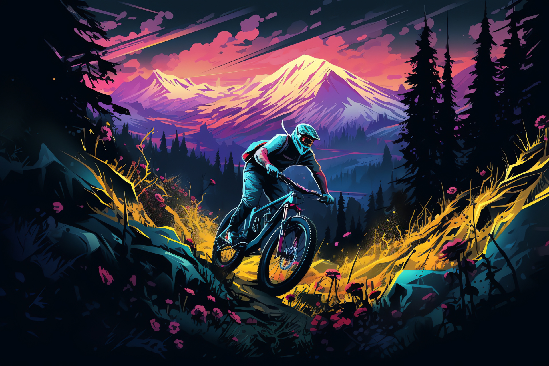 MTB excursion, Expansive forest, Cyclist navigating, Woodland bike path, Foliage canopy, HD Desktop Image