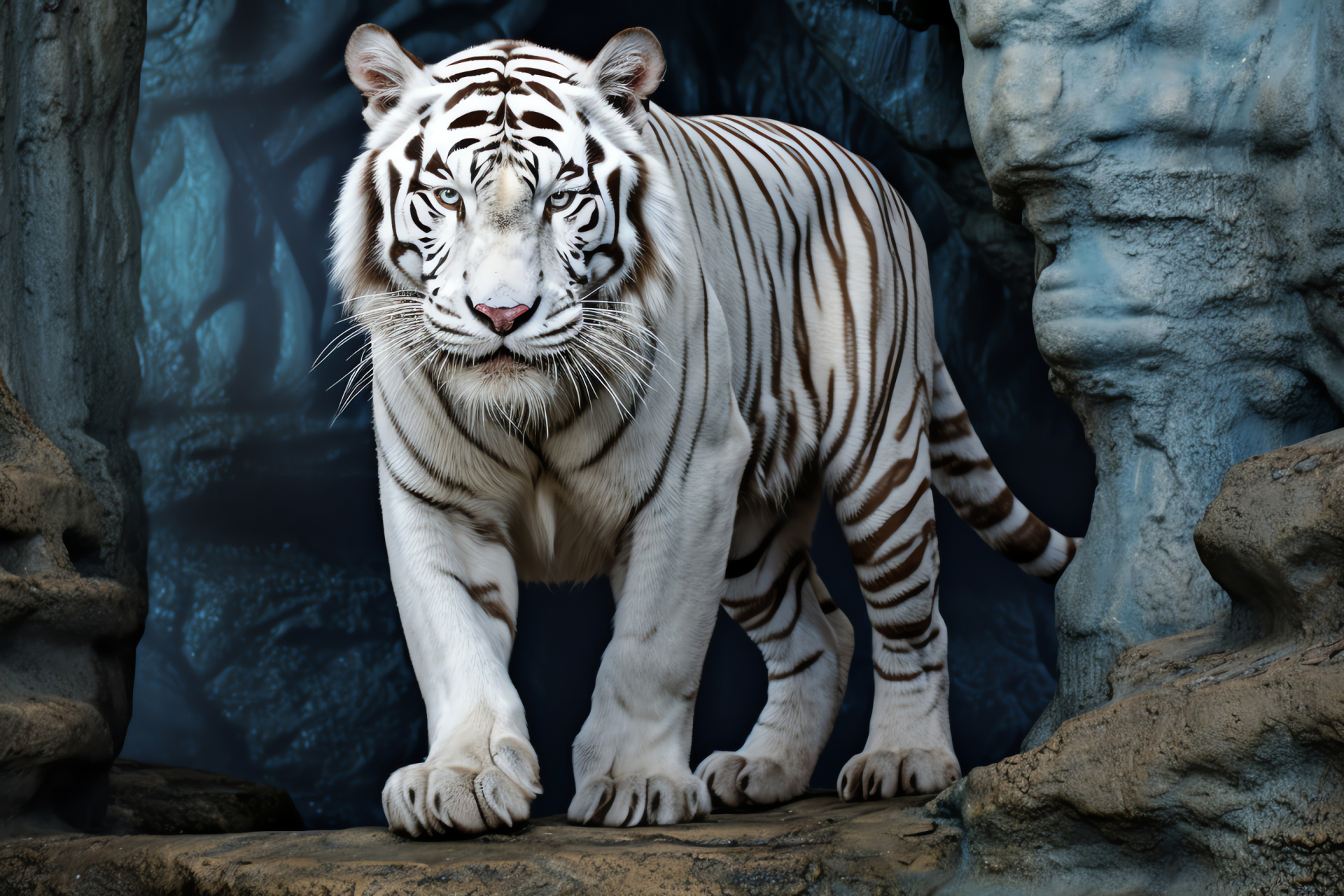 White Tiger, Blue-green iris, Dual-tone backdrop, Full-body display, Feline patterns, HD Desktop Wallpaper