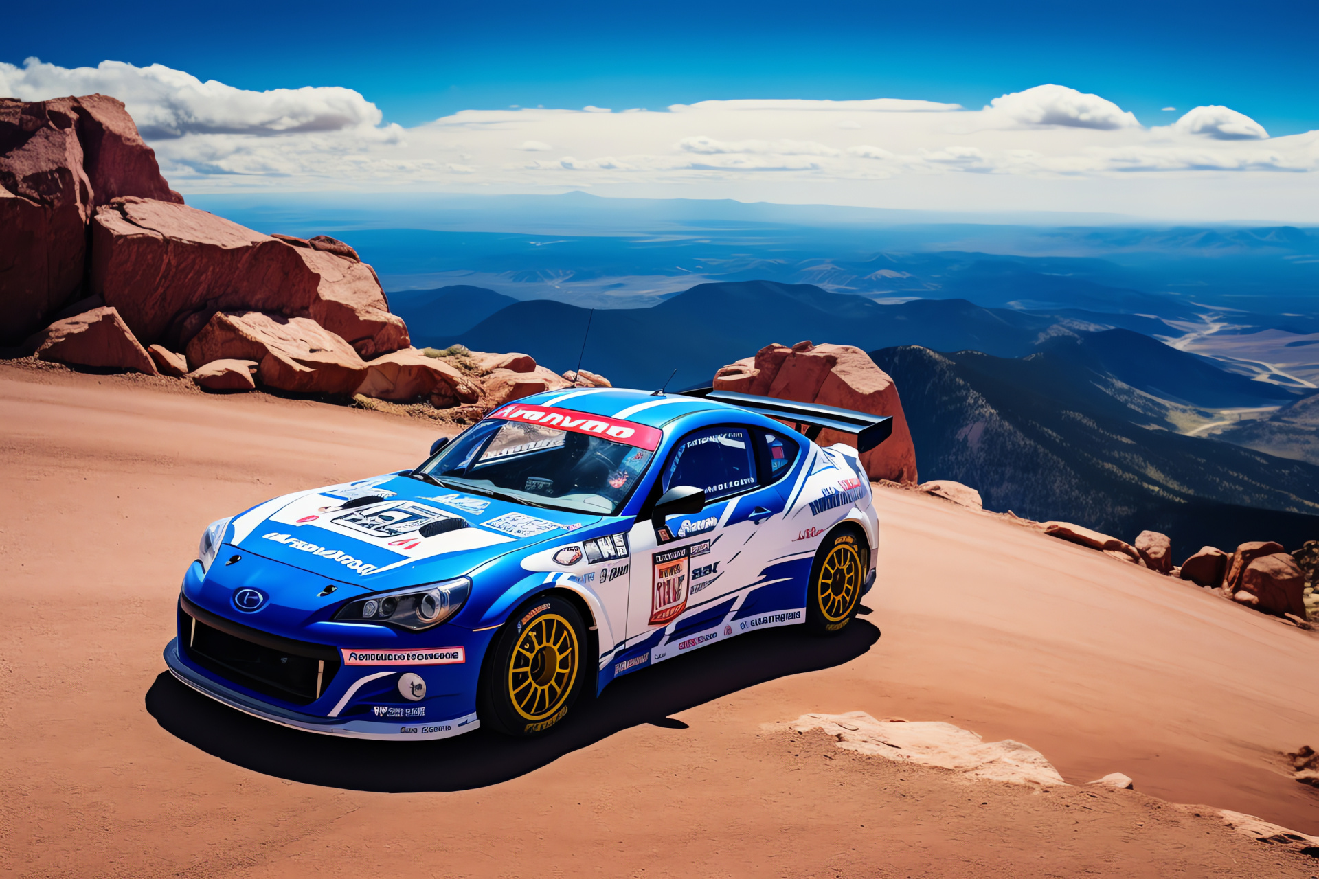 Pikes Peak Auto, hilltop finish line, panoramic mountain vista, clear sky, rally racing event, HD Desktop Image