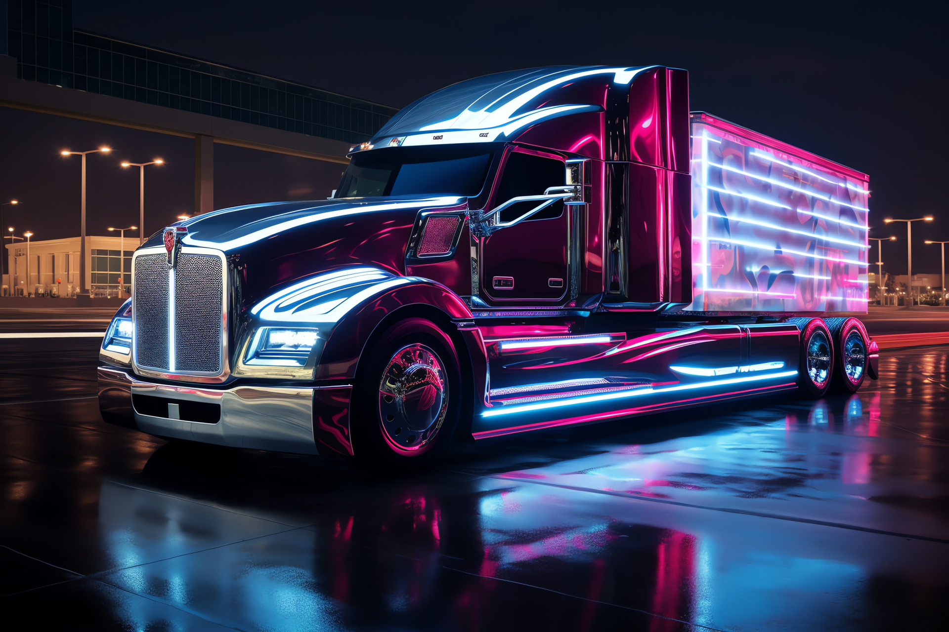 Peterbilt Emblem, Metropolis skyline, Concept electric vehicle, Wide scenic view, Urban illumination, HD Desktop Wallpaper