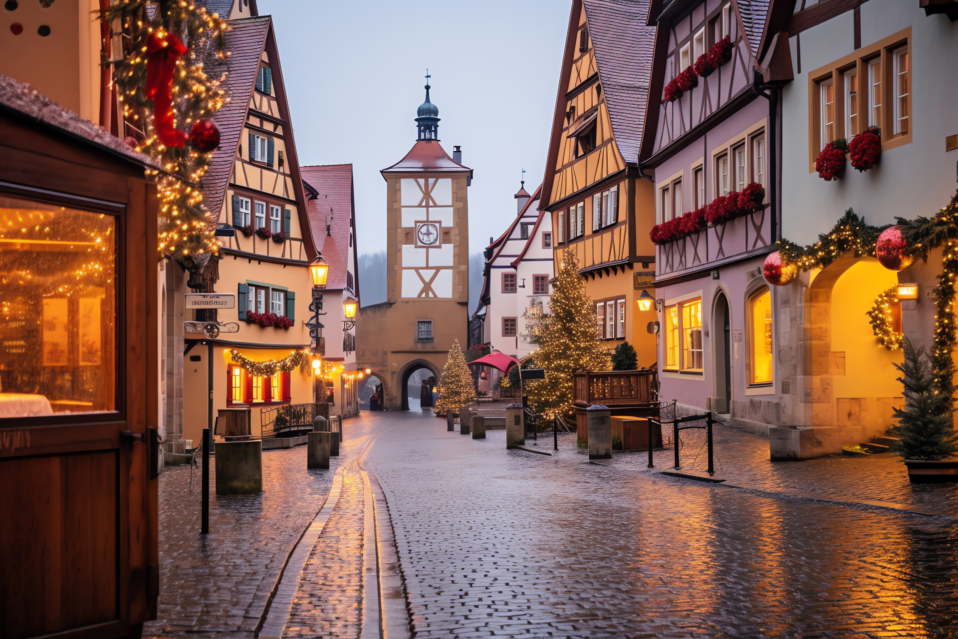 German Rothenburg ob der Tauber, Traditional Christmas view, Medieval town architecture, Seasonal cobblestone aesthetic, HD Desktop Image