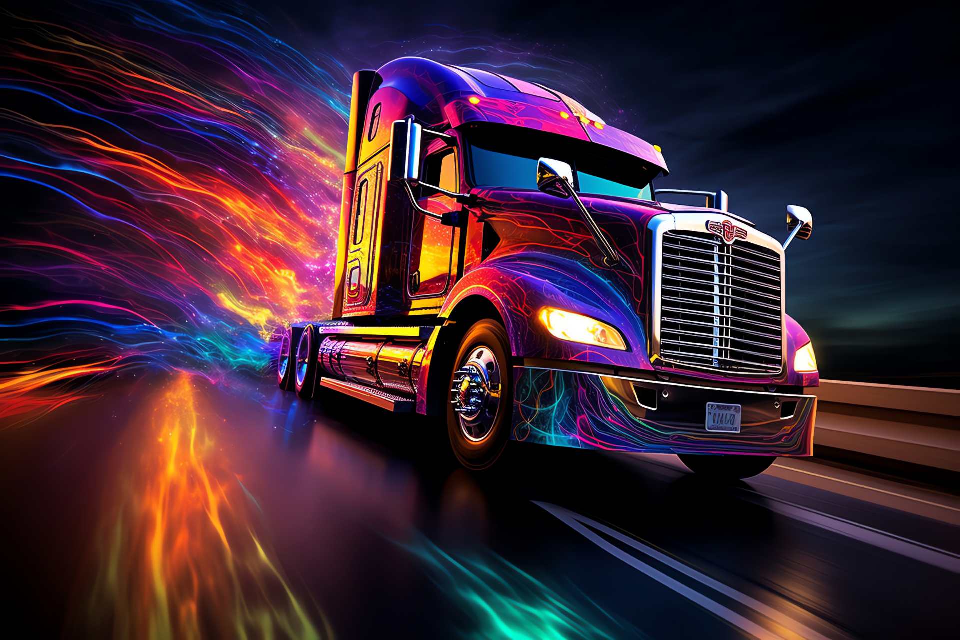 Commercial transport vehicle, Kenworth powerhouse, Aerial rig shot, Industrial evening lights, Haulage industry, HD Desktop Wallpaper