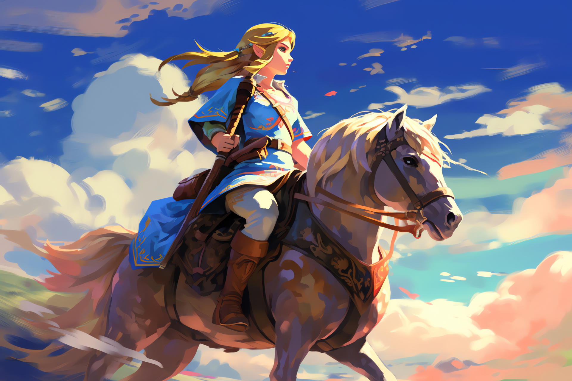 Princess Zelda gaming, Loftwing mount, celestial expanse, deep blues, fluffy clouds, HD Desktop Wallpaper