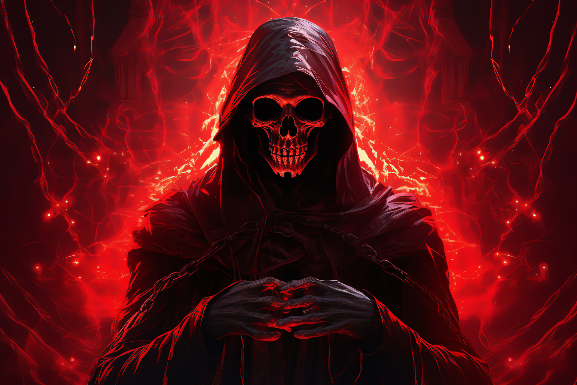 Necromancer character Damien, Eerie red gaze visual, Average height figure, Menacing in-game posture, Dark magical atmosphere, HD Desktop Wallpaper