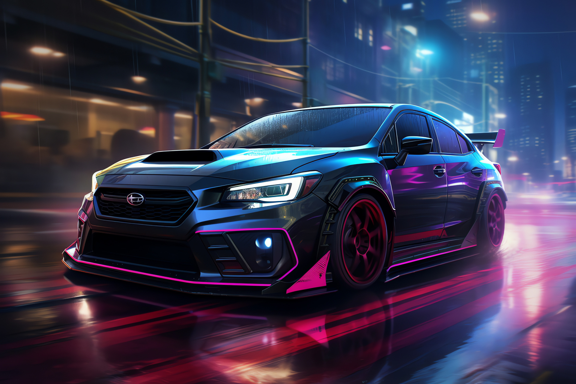 Impreza WRX STI, futuristic urban vibe, city adventures, high-angle shot, sleek dark presence, HD Desktop Image