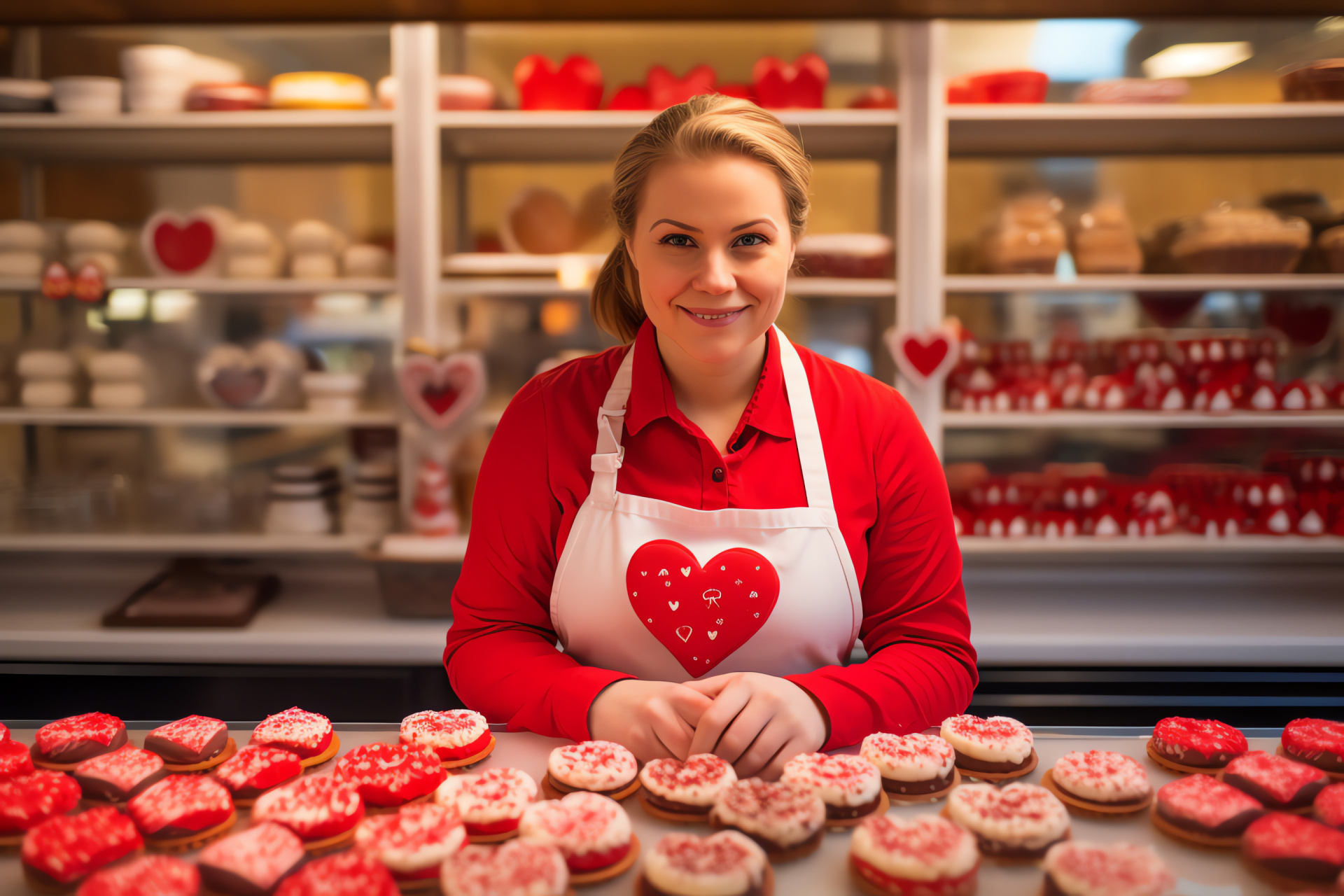 Valentine bakery showcase, Confectioner's craft, Sweet shop array, Love-themed treats, Culinary expertise, HD Desktop Image