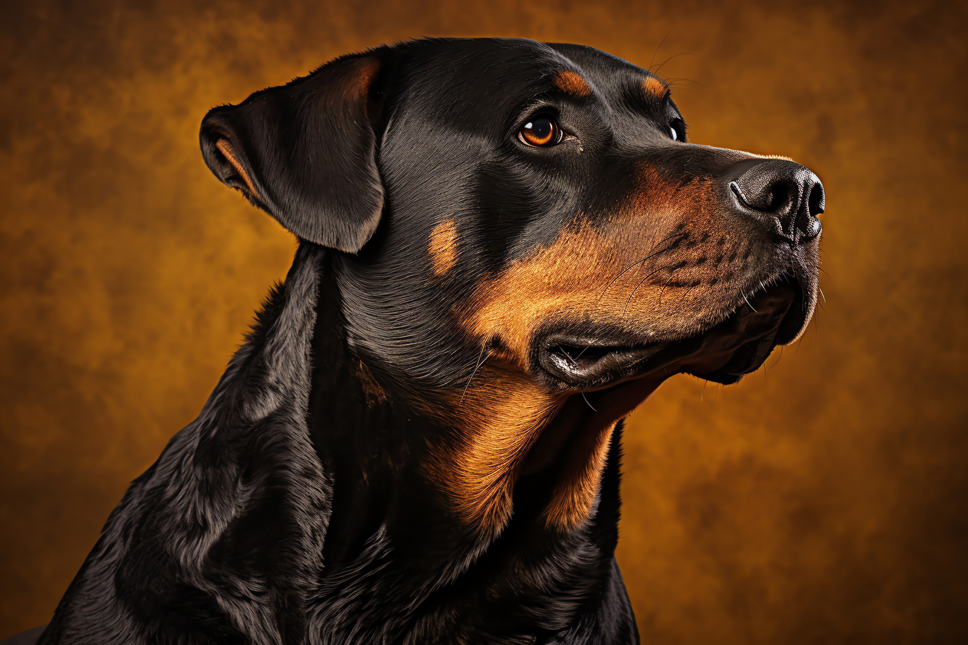 Rottweiler stance, Canine brown-eyed guardian, Pet black and tan coat, Beast noble presence, Tri-color background, HD Desktop Image