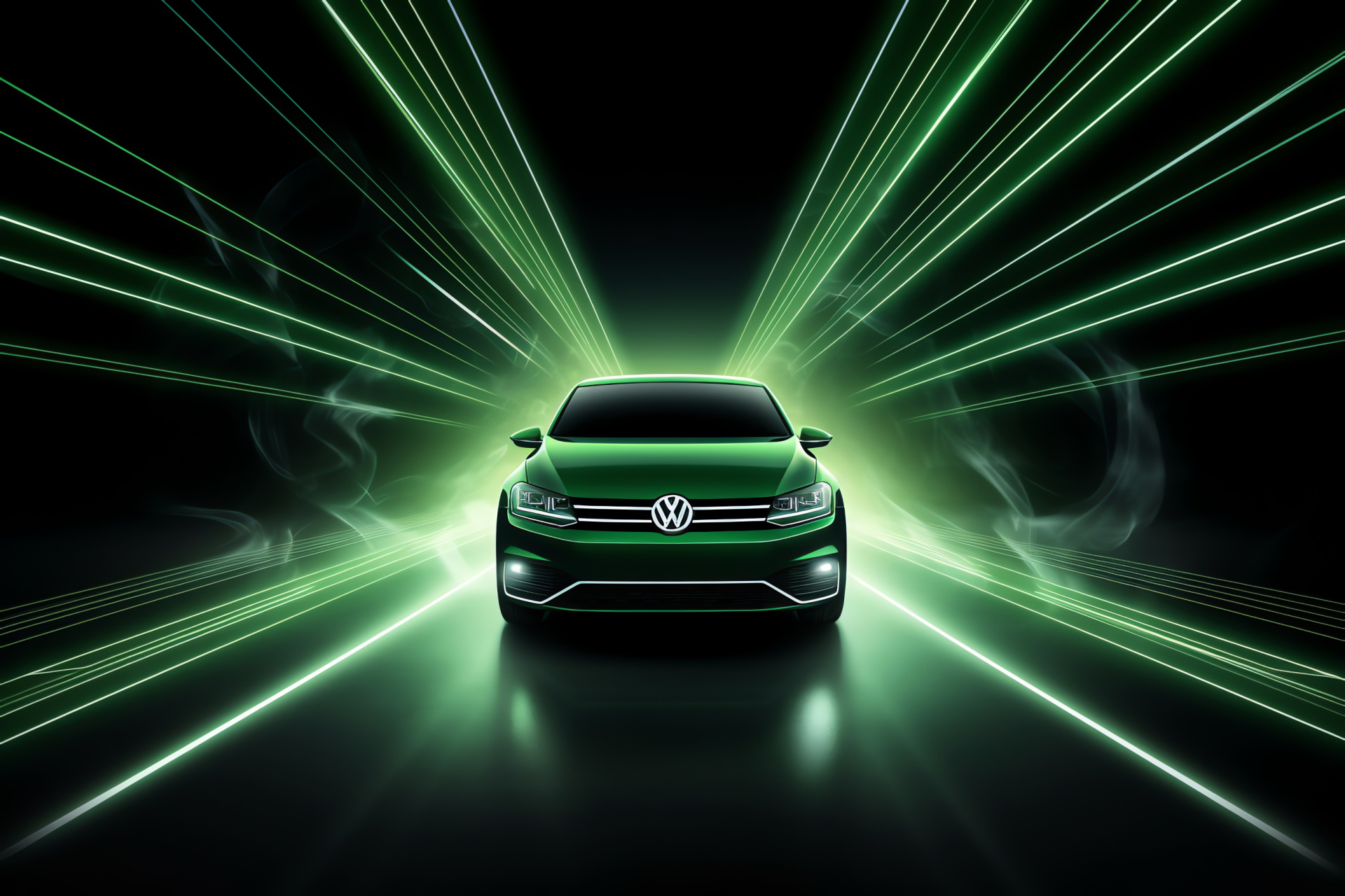 Volkswagen logo concept, Geometric neon glow, Dark contrast, Eco-friendly brand image, HD Desktop Wallpaper