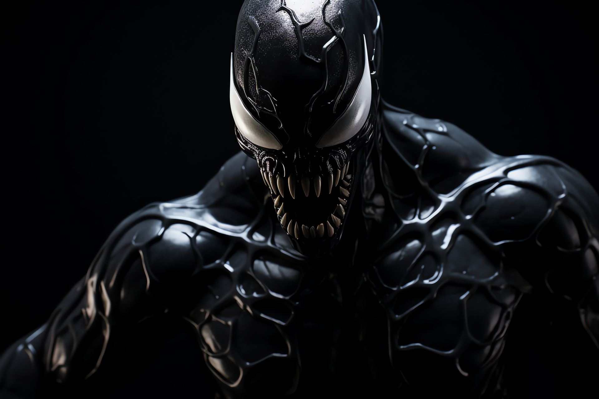 Venom from Spiderman movies, pitch-dark shade, bright ocular regions, ebony attire, pointed dentition, HD Desktop Wallpaper