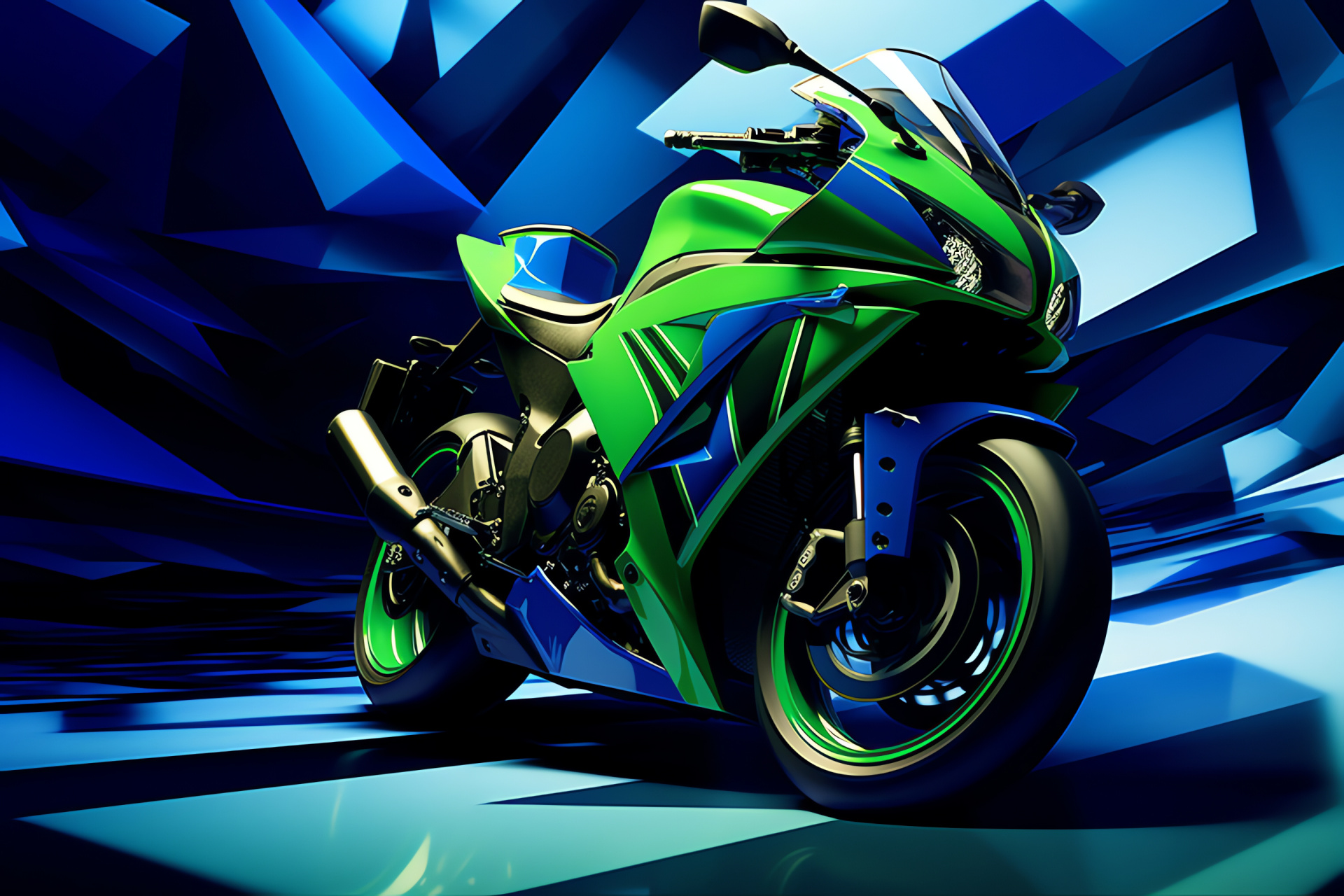 Yamaha R1 bike, 197 hp engine, Auto performance, Geometric backdrop, Blue and green hues, HD Desktop Image