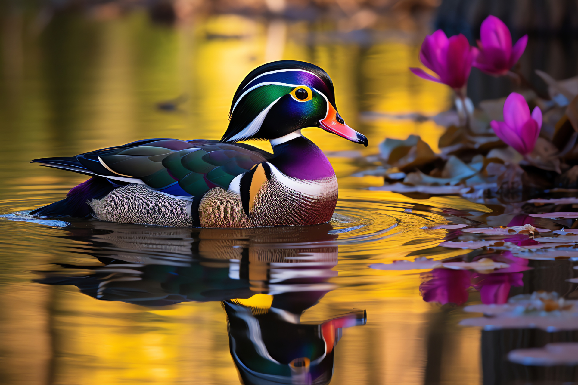Iridescent wood duck, Aix sponsa brilliance, Waterfowl variety, Mating display, Vibrant feathers, HD Desktop Image