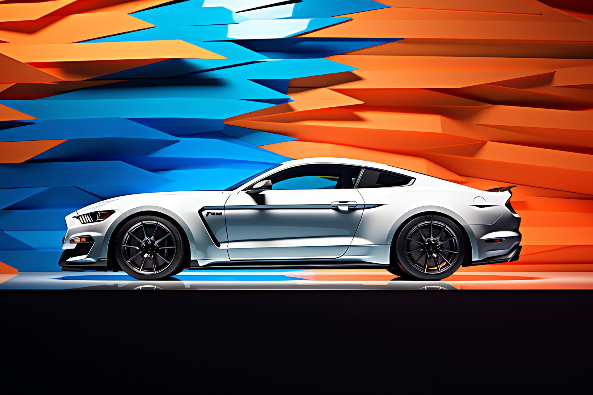 Mustang GT350, Artistic geometric patterns, Two-tone color contrast, Side profile, Automotive design statement, HD Desktop Image