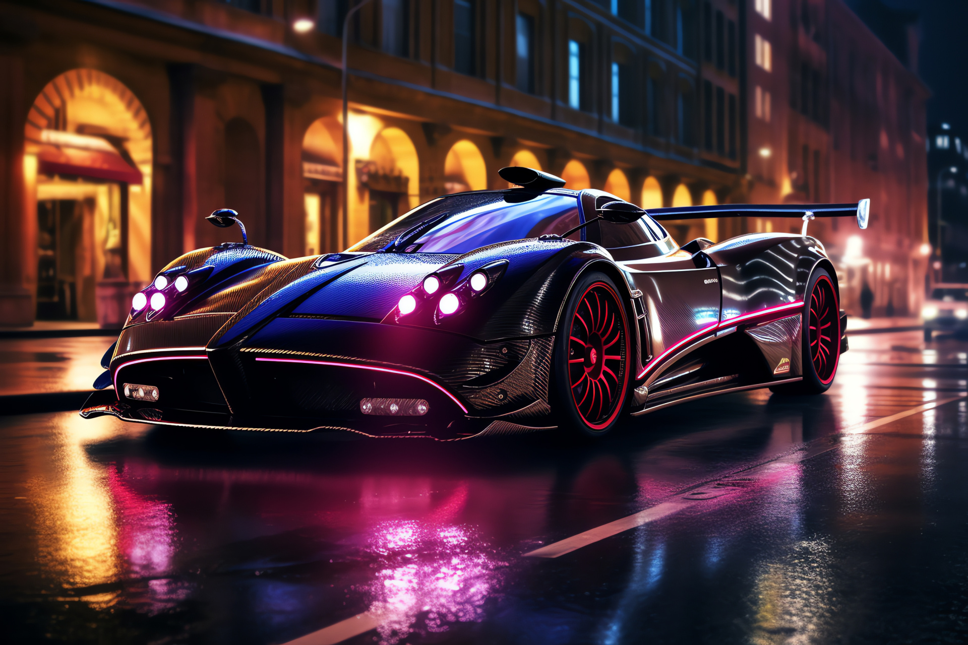 Pagani Zonda F, Metropolitan vibe, Nighttime shimmer, Urban elegance, Supercar glamour, HD Desktop Image