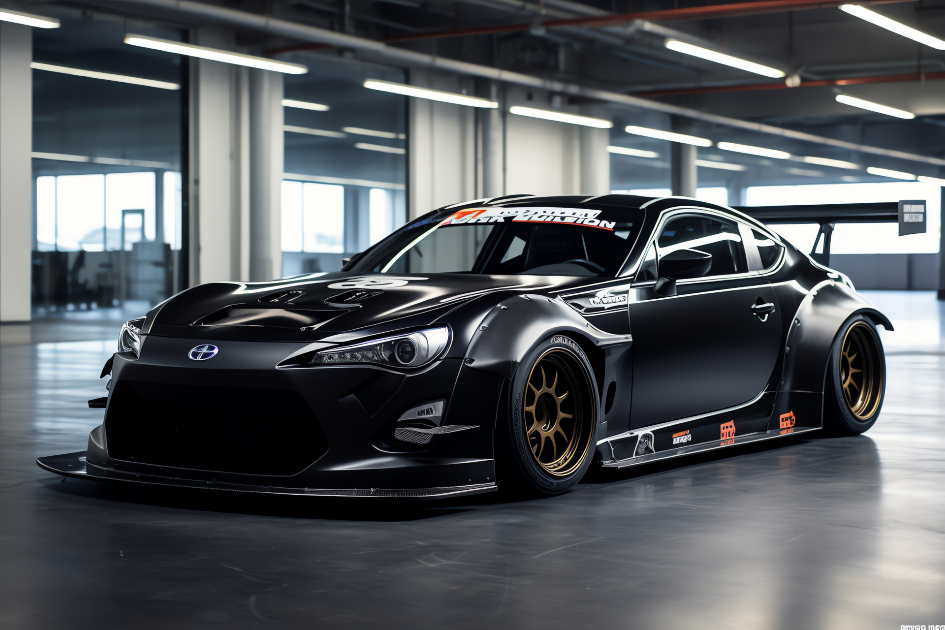 Race-tuned Scion FRS, Rocket Bunny modification, Japanese track, Aerodynamic spoiler, Motorsport graphics, HD Desktop Image