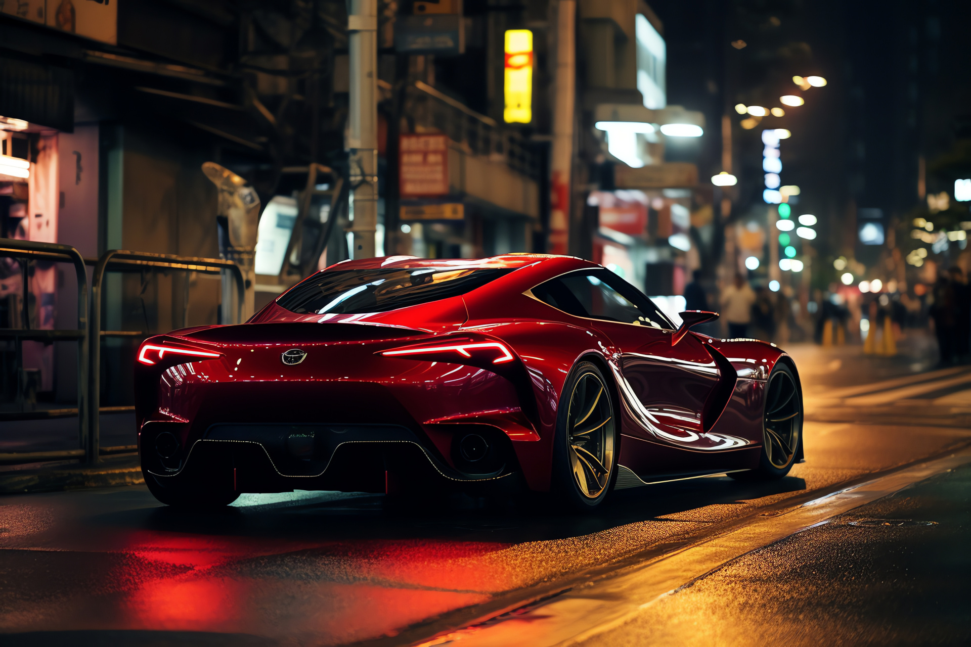 Red sports car in Tokyo, Modern design, Urban night scene, Japanese city life, Automotive style, HD Desktop Wallpaper