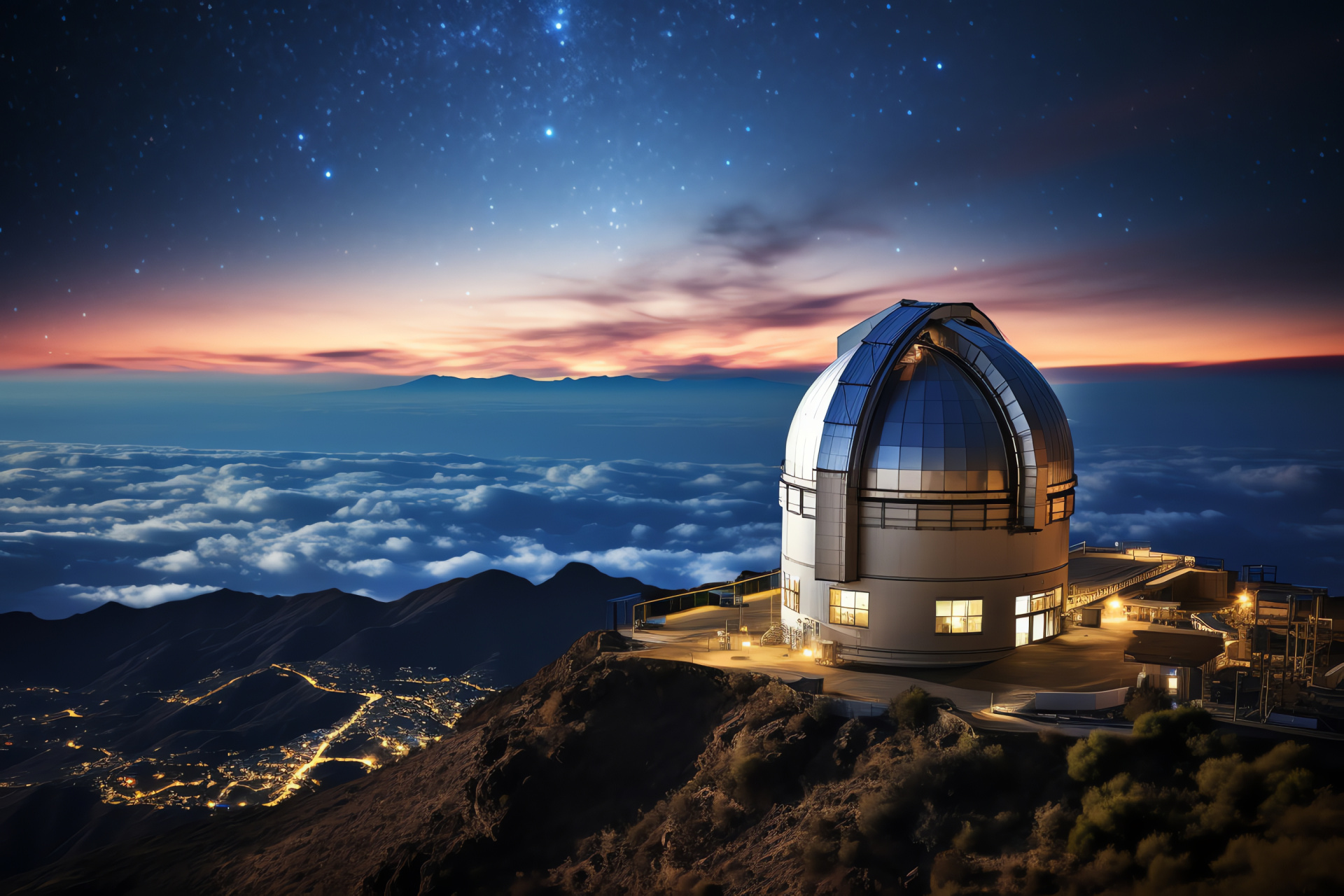 TMT atop summit, astrological study, nocturnal heavens, observatory dome, constellations, HD Desktop Wallpaper