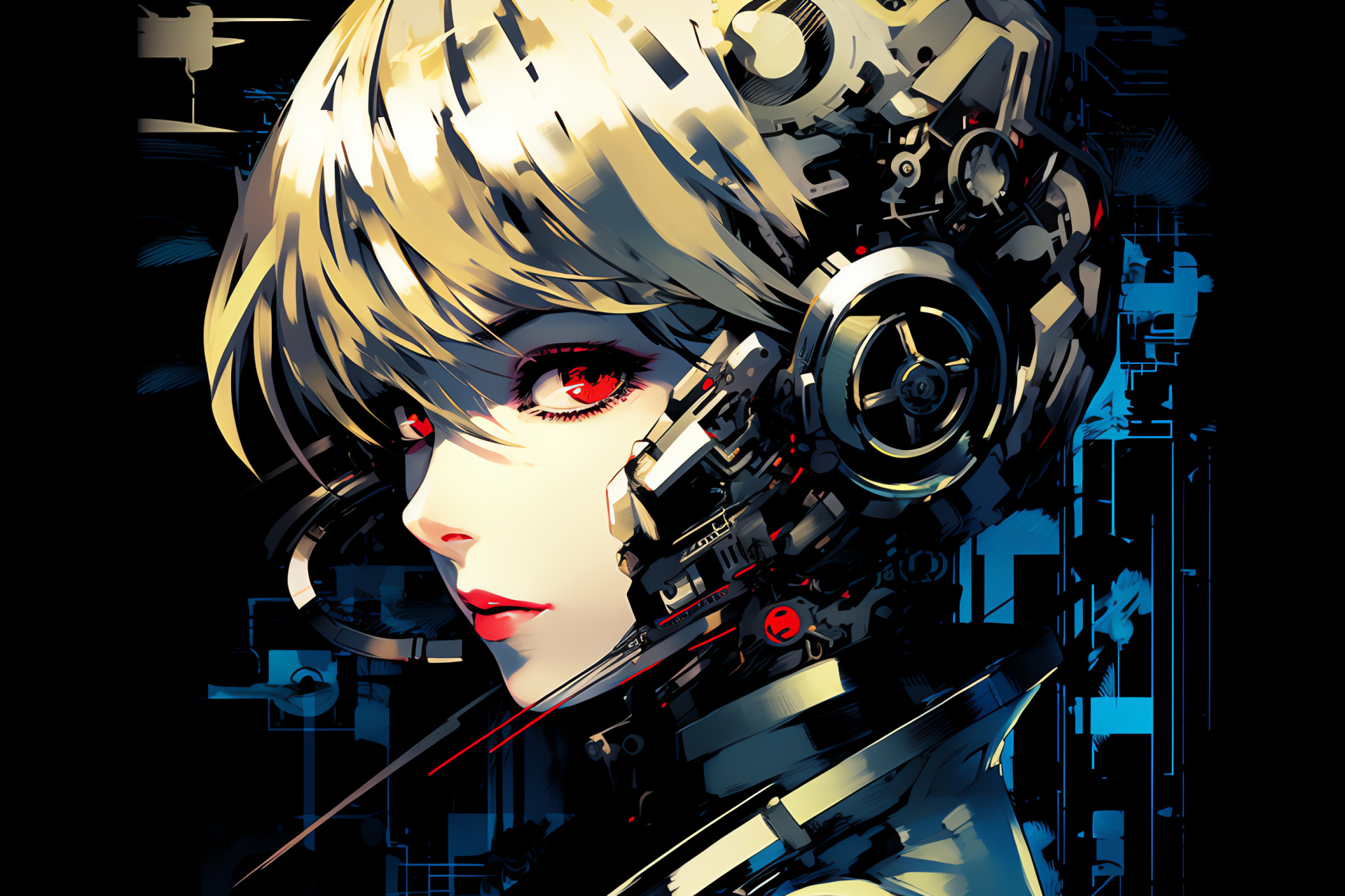 Persona 3 Aigis aspect, Cobalt eyes, Determined countenance, Key holder, Monochrome stage, HD Desktop Image
