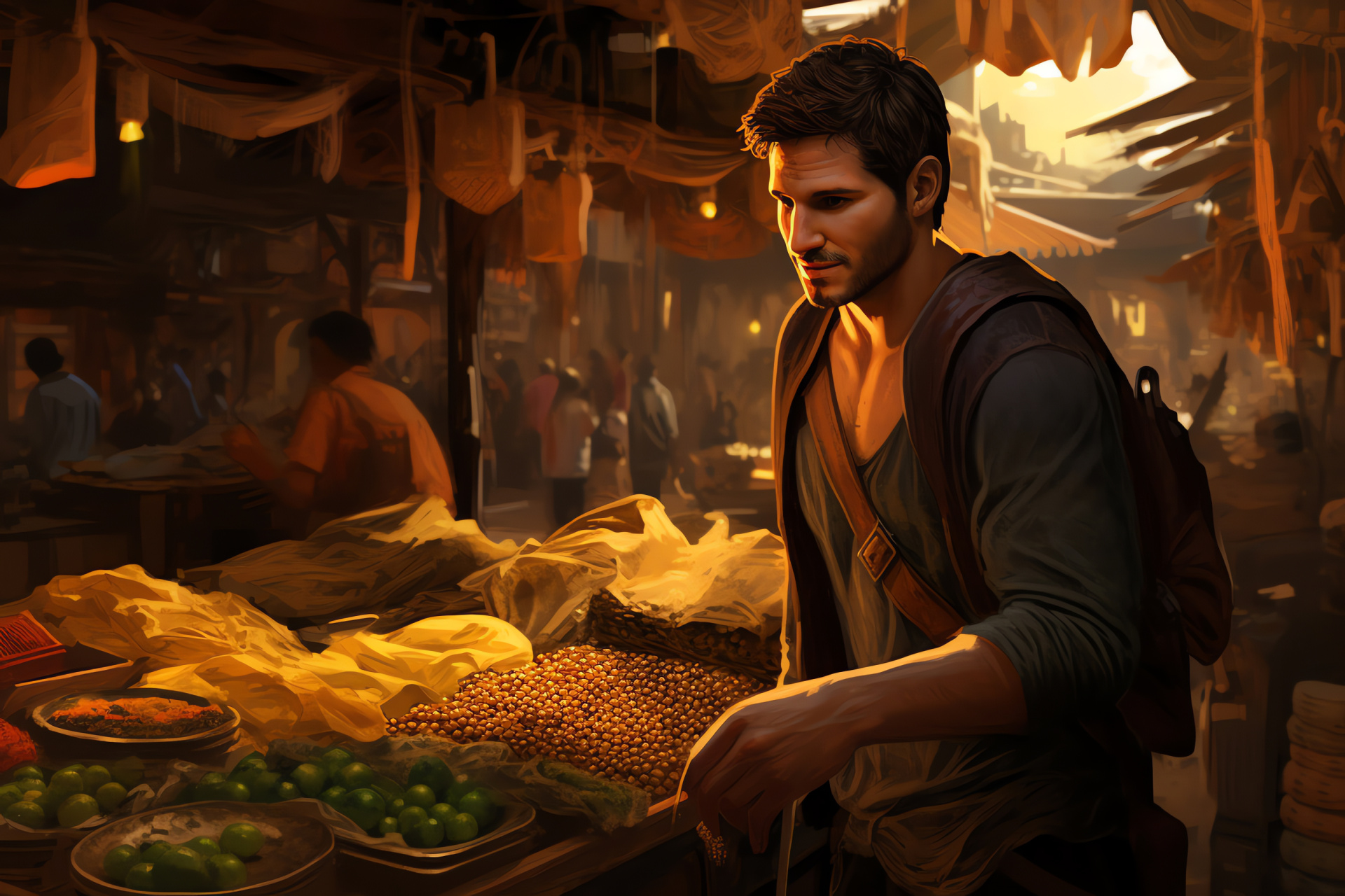 Nathan Drake relic hunt, Uncharted encounter, Bustling marketplace, Cultural artifact, Mythical item, HD Desktop Image