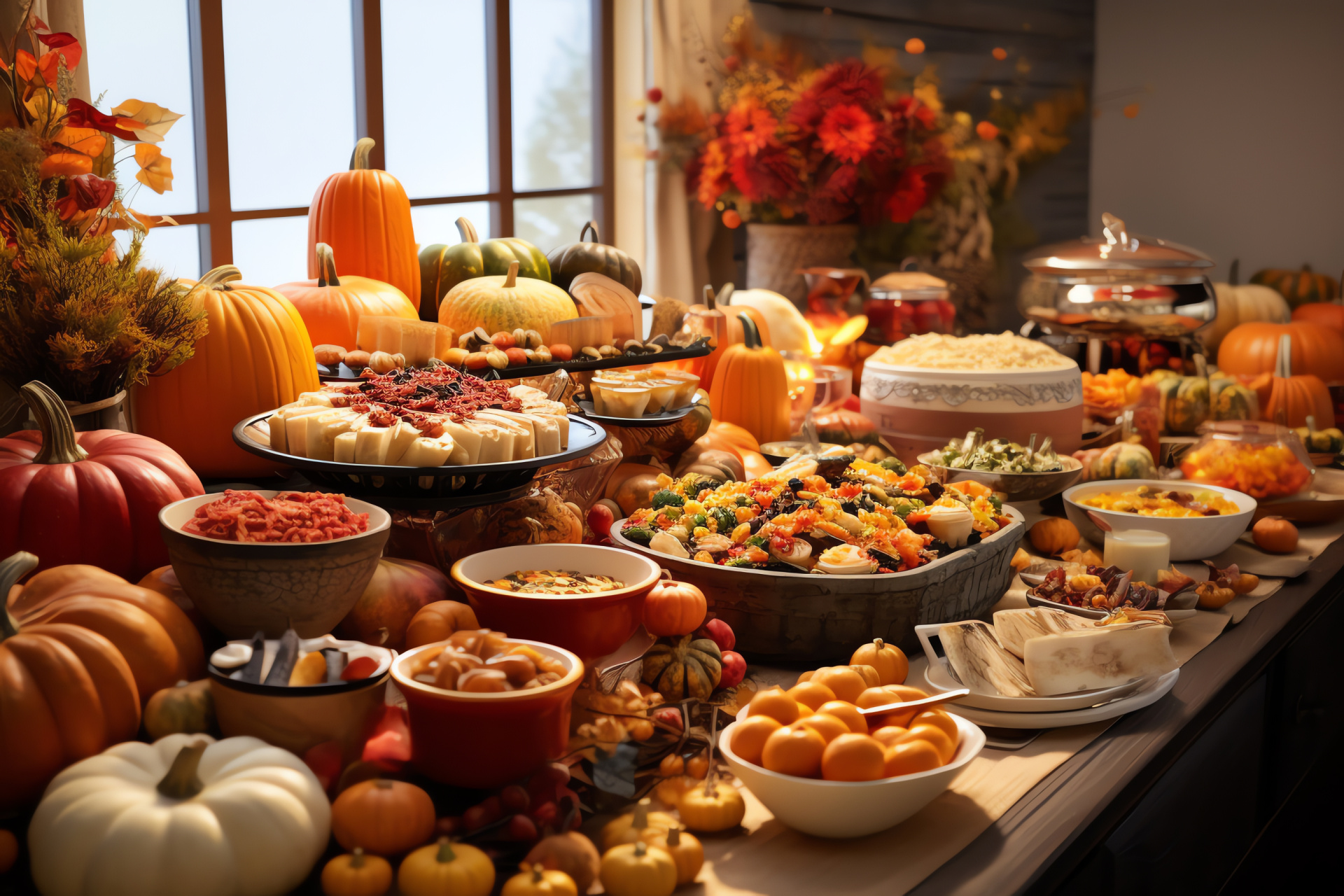 Harvest feast, Lavish spread, Seasonal trimmings, Orange gourds, Harvest corn, HD Desktop Image