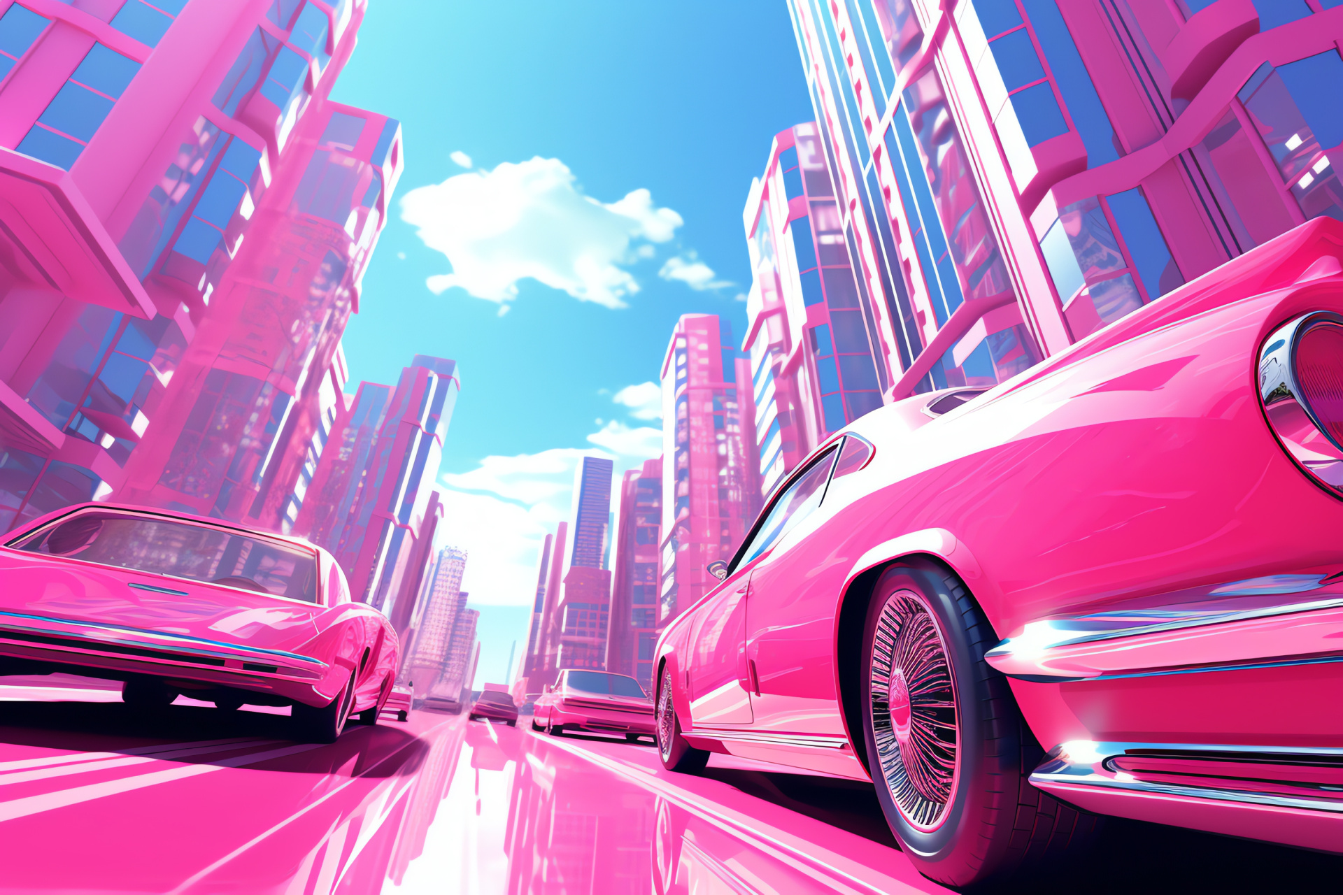 Classic pink automobile, Skyline contrast, Retro car design, Future-themed backdrop, Urban sprawl, HD Desktop Wallpaper