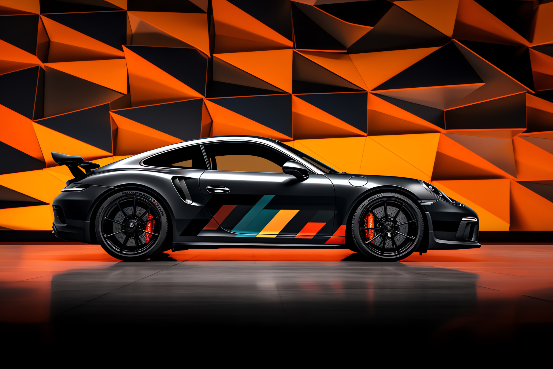 Porsche 911 GT3, Artistic auto pattern, Two-tone car design, Geometric charm, Dynamic side profile, HD Desktop Wallpaper